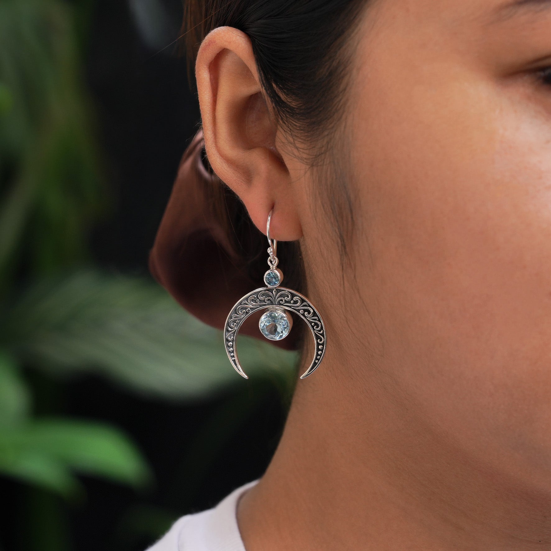 Starborn Crescent Moon Filigree with Round Faceted Blue Topaz Dangle Earrings in Sterling Silver