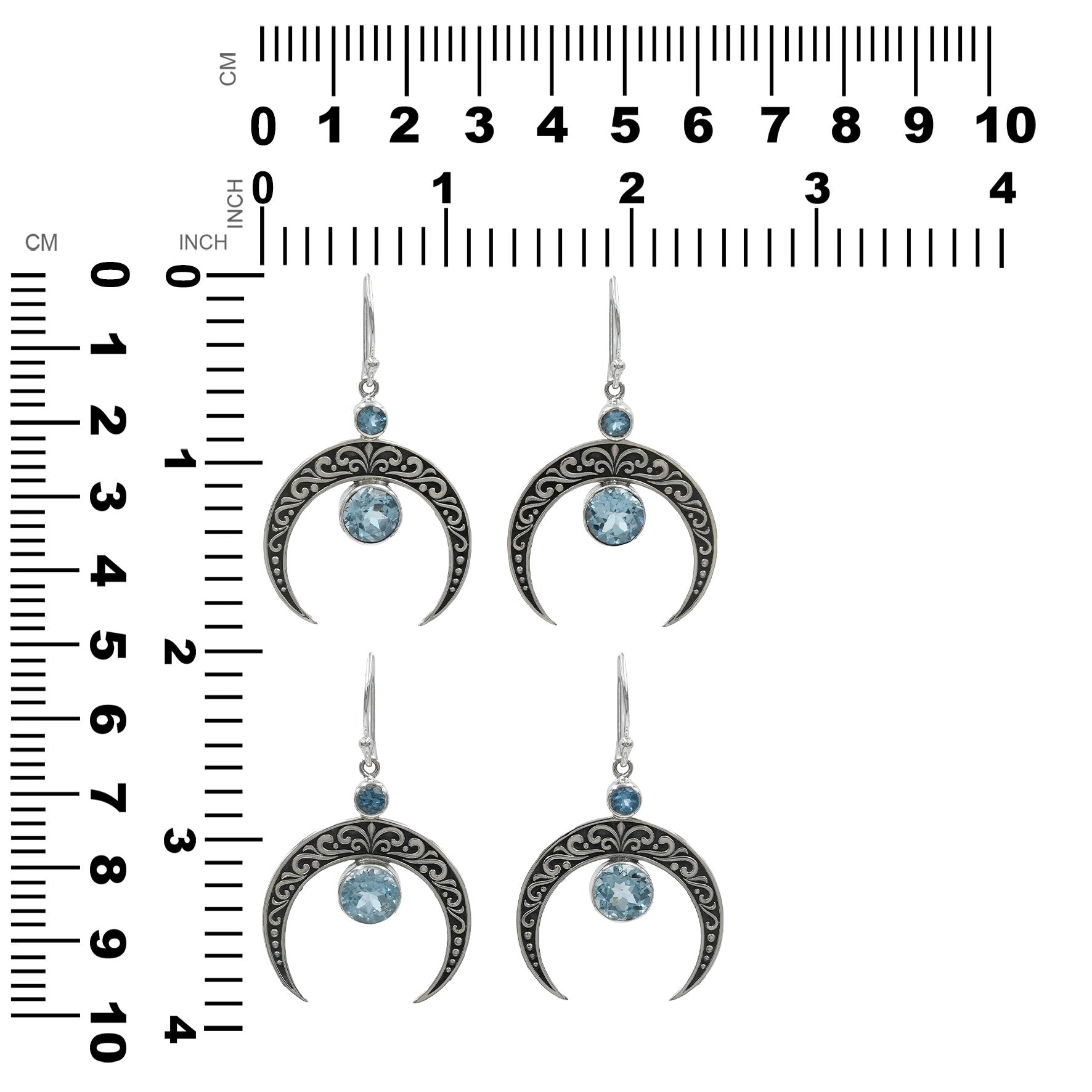 Starborn Crescent Moon Filigree with Round Faceted Blue Topaz Dangle Earrings in Sterling Silver