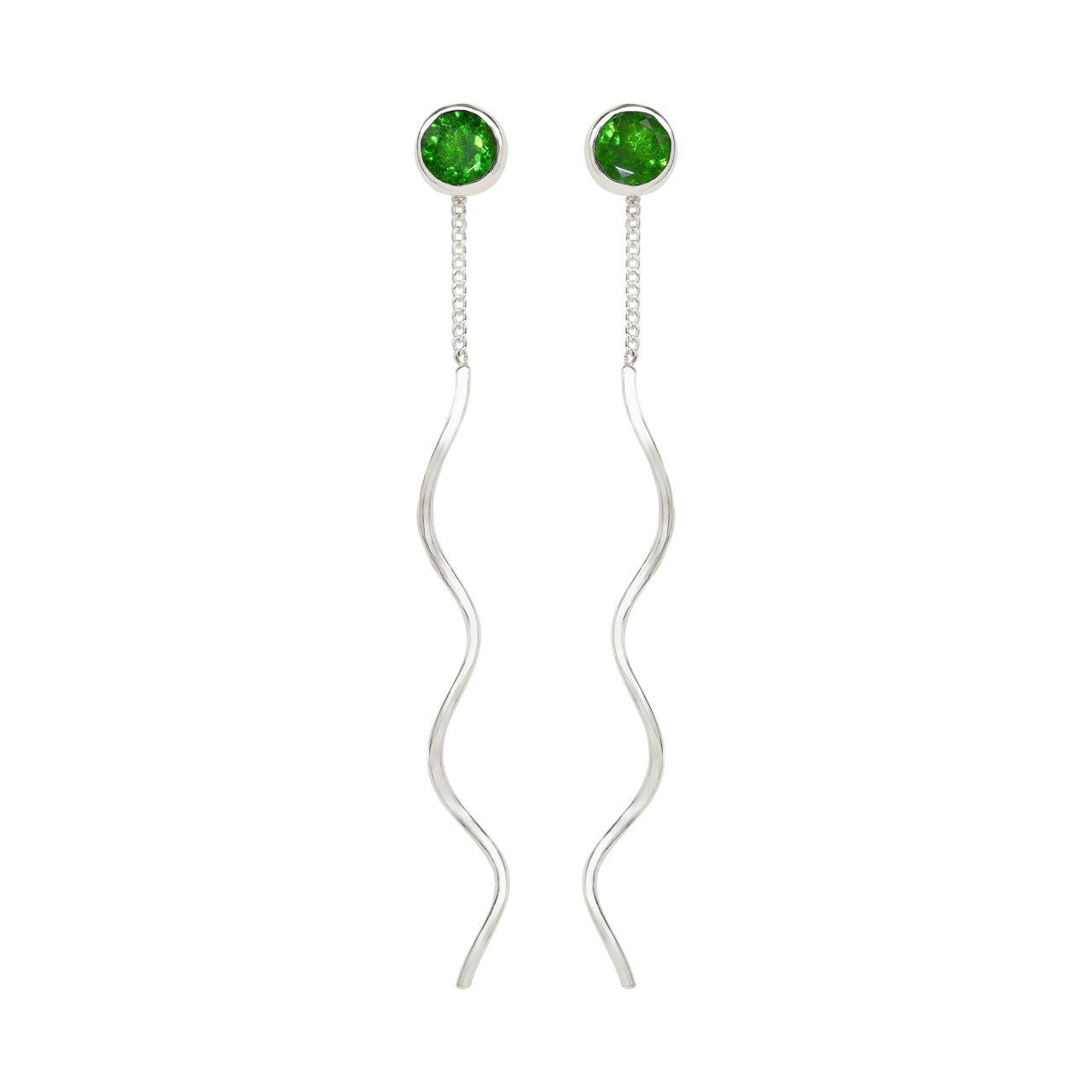 Starborn Faceted Chrome Diopside Stud Earrings with Flowing Curled Wire Drop in Sterling Silver