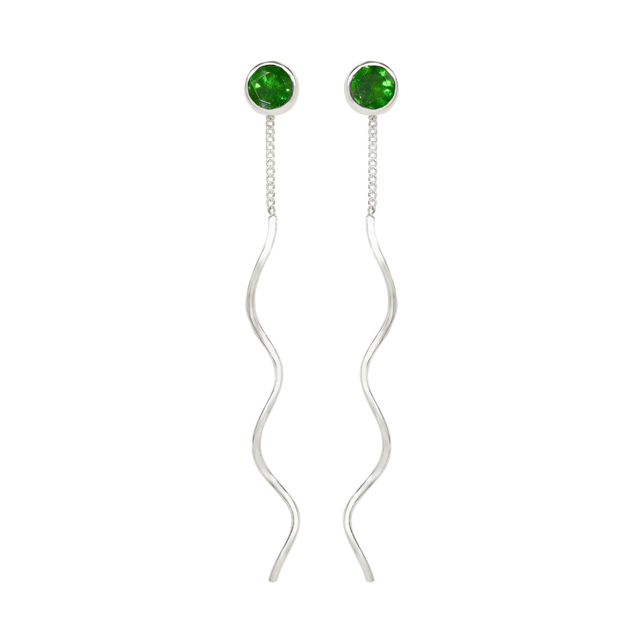 Starborn Faceted Chrome Diopside Stud Earrings with Flowing Curled Wire Drop in Sterling Silver