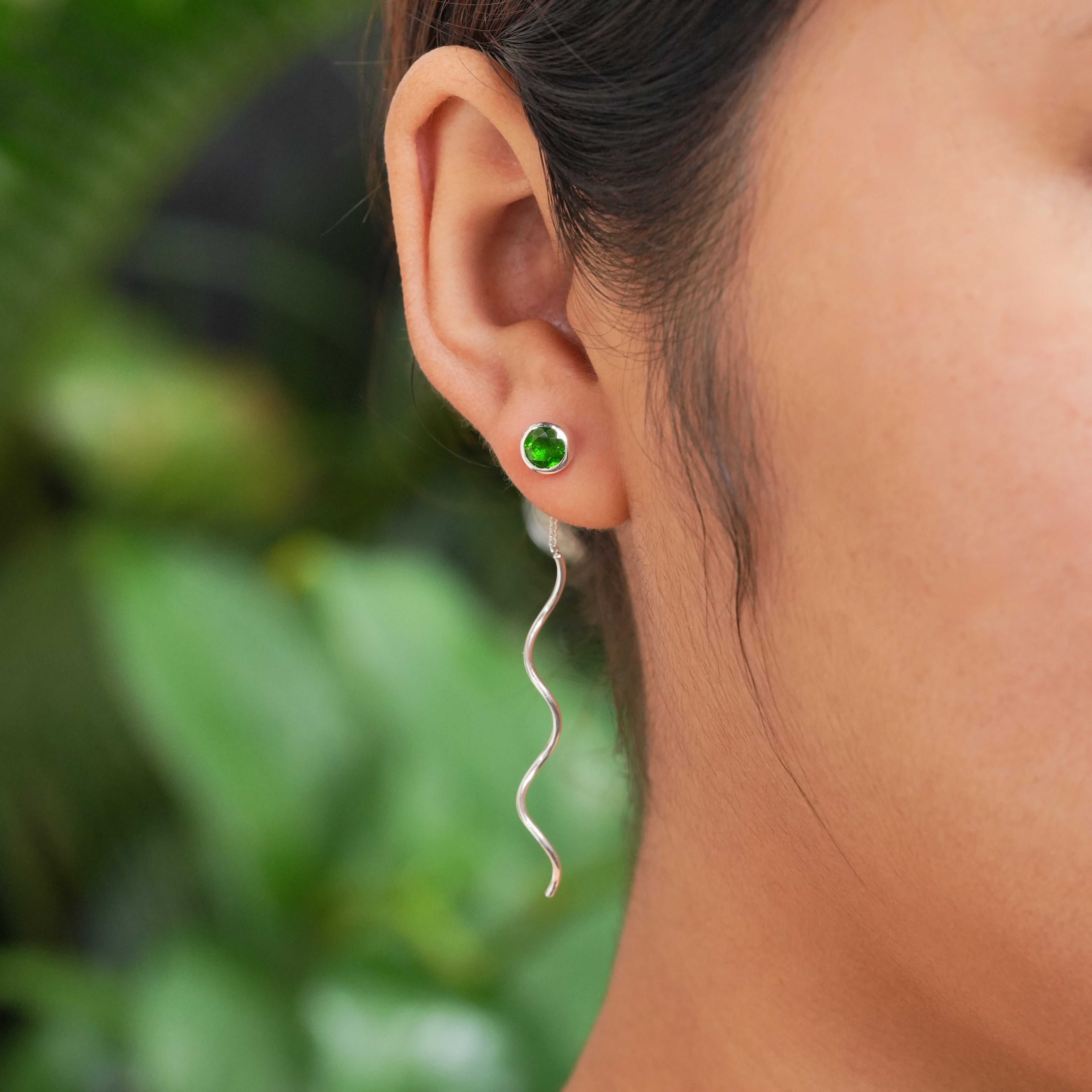 Starborn Faceted Chrome Diopside Stud Earrings with Flowing Curled Wire Drop in Sterling Silver