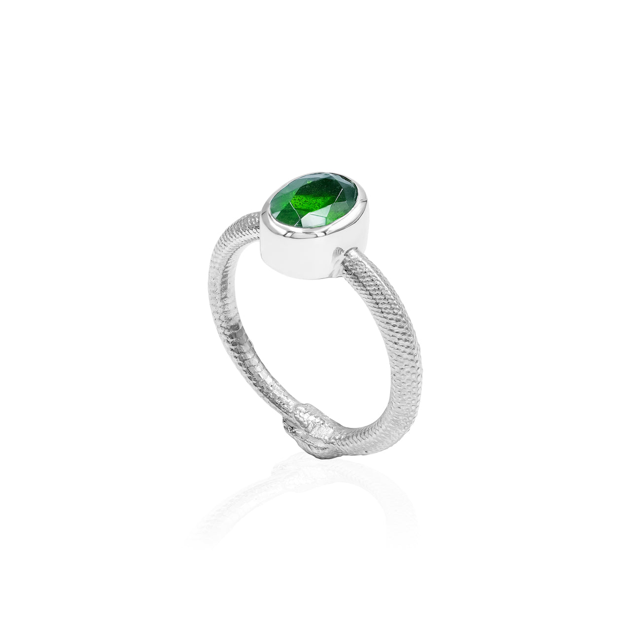 Starborn Ouroboros Ring with Faceted Chrome Diopside in Sterling Silver