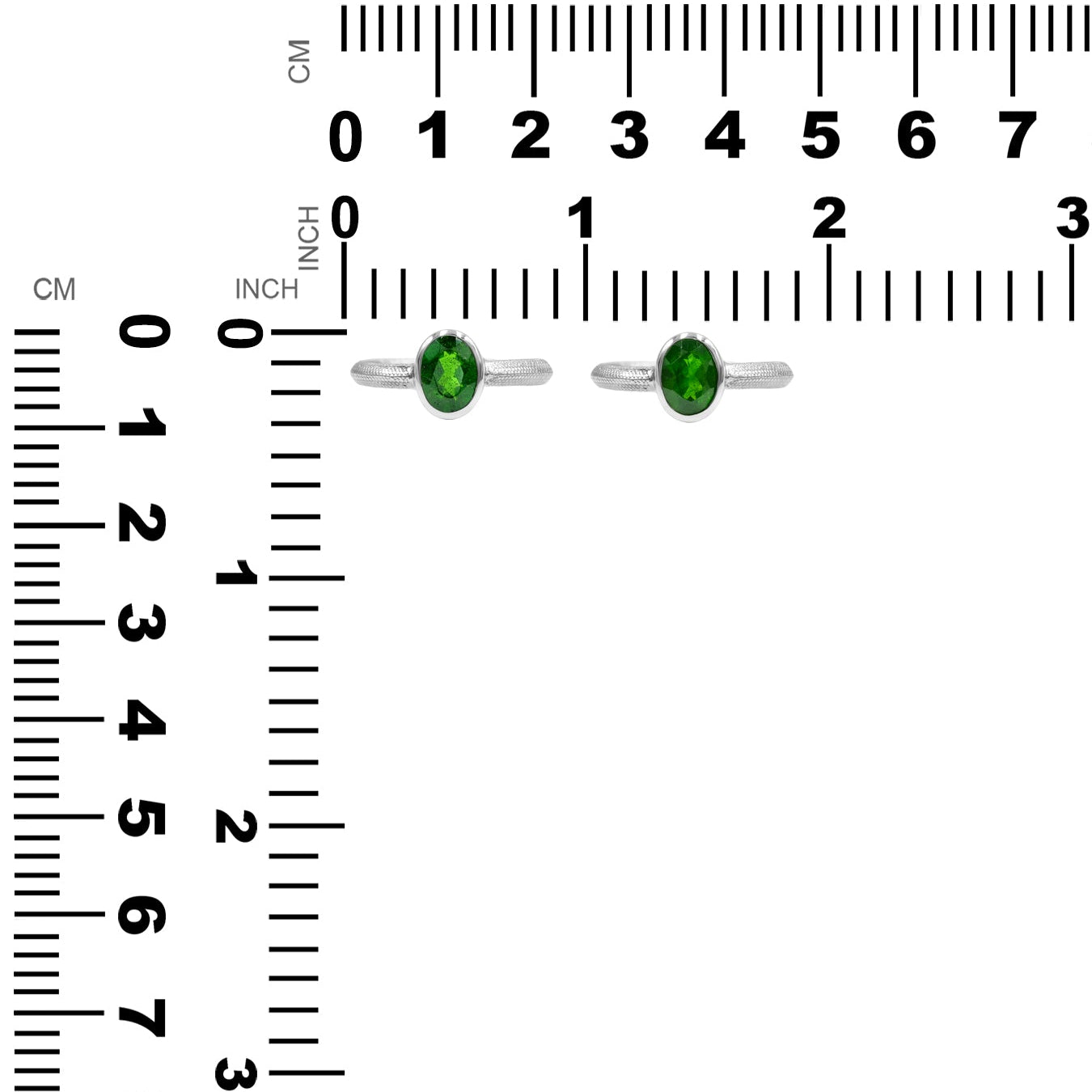 Two pairs of rings displayed next to a measurement chart showing height and width in millimeters and inches.