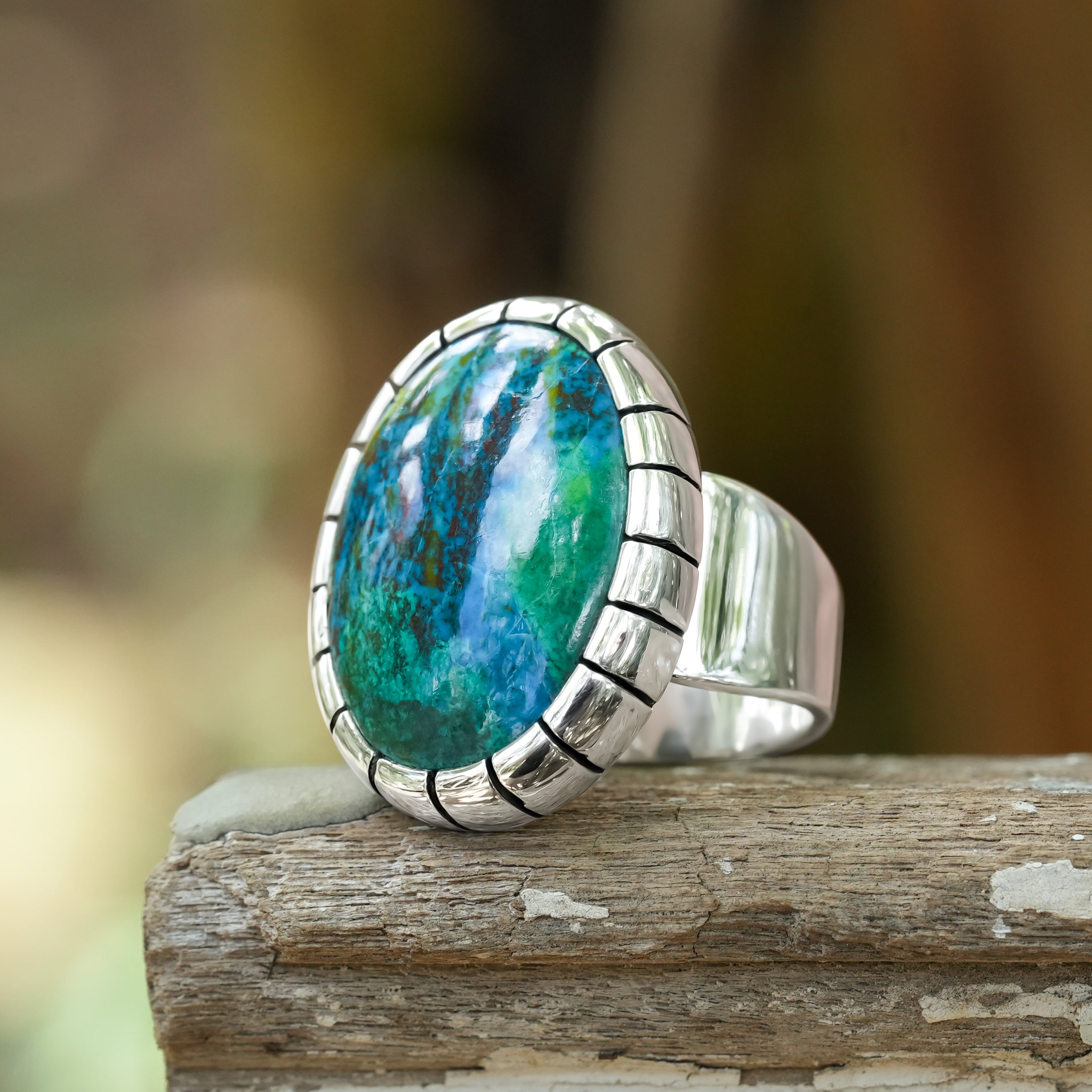 Anillo de estilo nuevo con crisocola de Starborn Chile en plata de ley