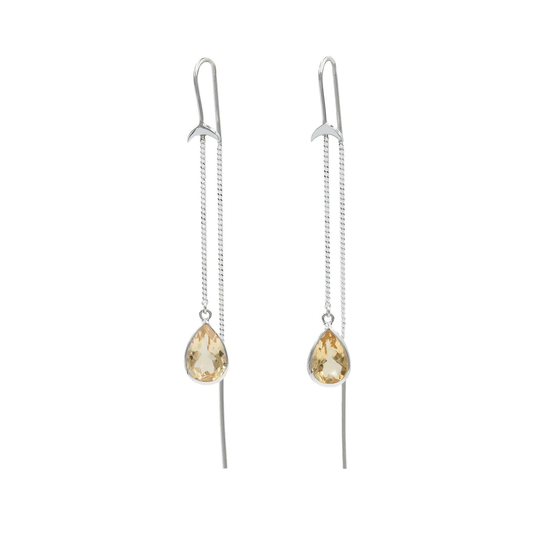 Starborn Citrine Pear Faceted Threader Earring with Crescent Moon Accents in Sterling Silver