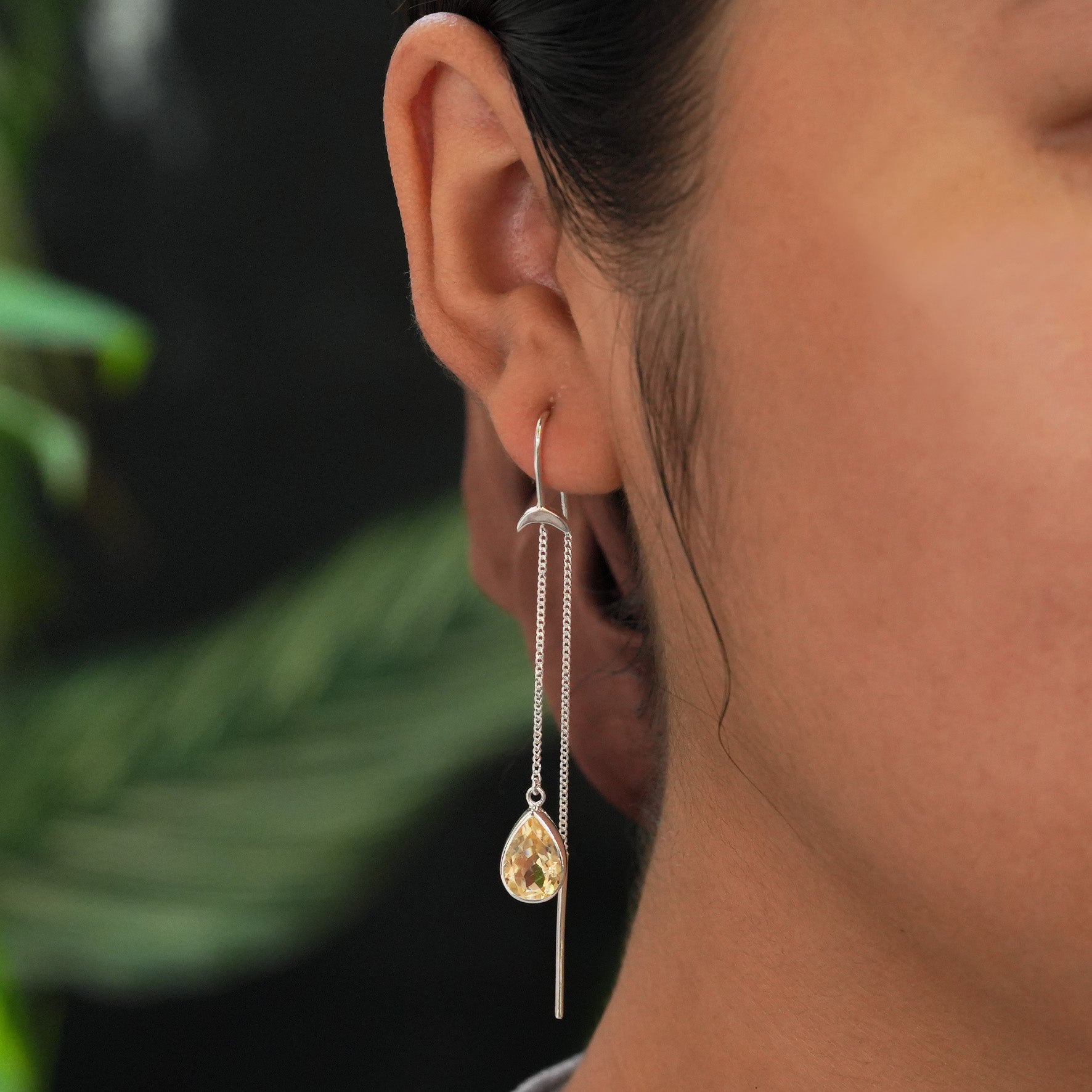 Starborn Citrine Pear Faceted Threader Earring with Crescent Moon Accents in Sterling Silver