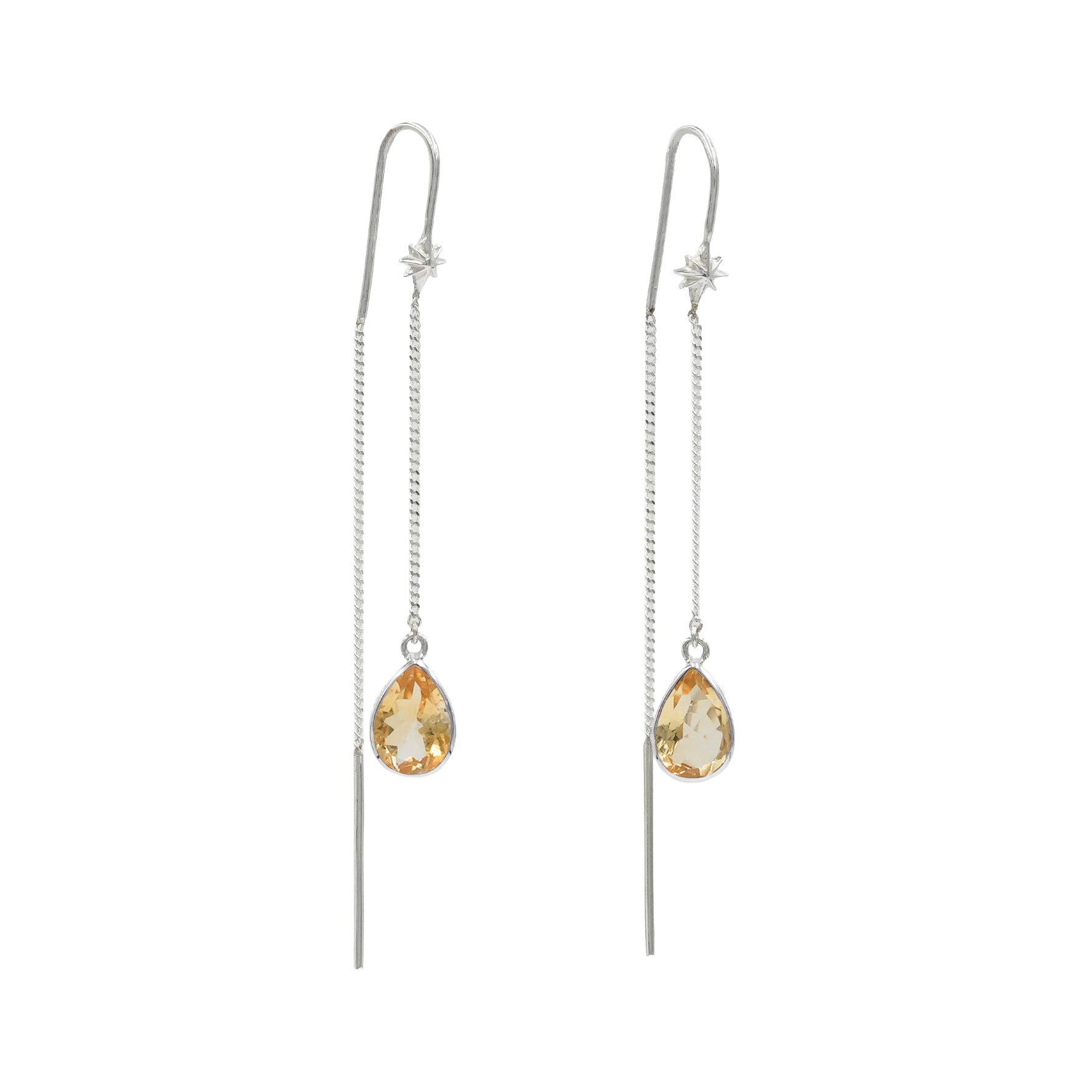 Starborn Citrine Pear Faceted Threader Earring with Star Accents in Sterling Silver