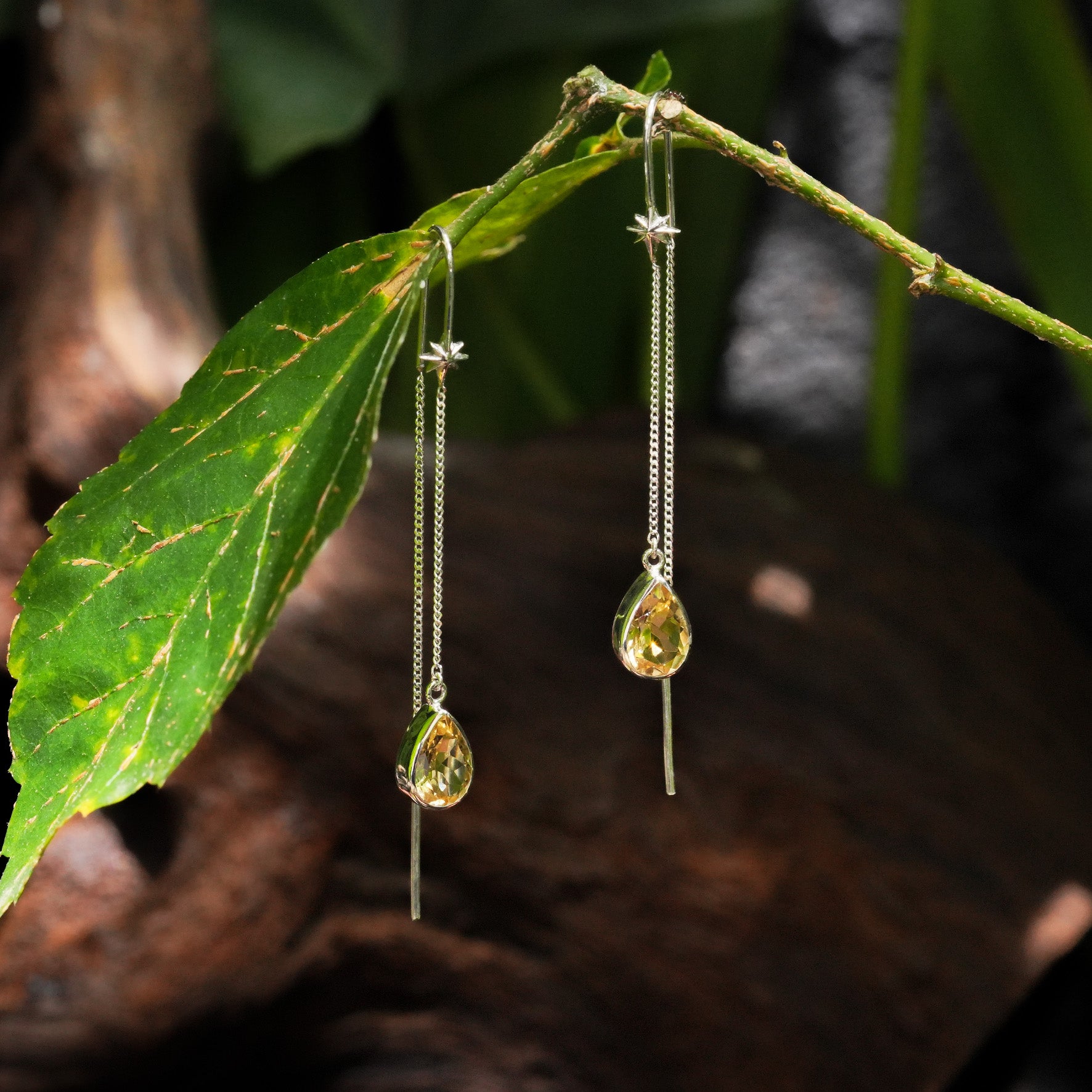 Starborn Citrine Pear Faceted Threader Earring with Star Accents in Sterling Silver