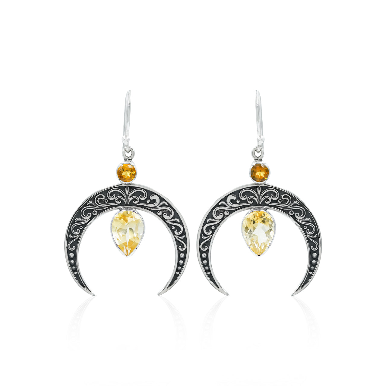 Starborn Crescent Moon Filigree with Pear Faceted Gemstone Dangle Earrings in Sterling Silver