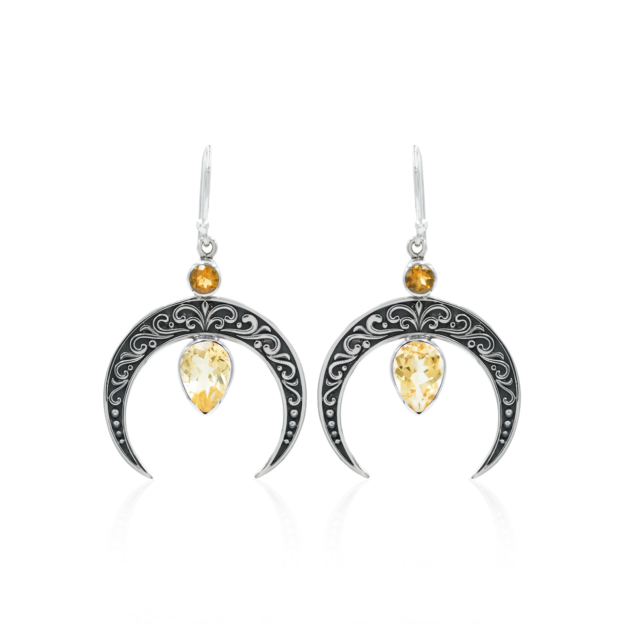 Starborn Crescent Moon Filigree with Pear Faceted Gemstone Dangle Earrings in Sterling Silver
