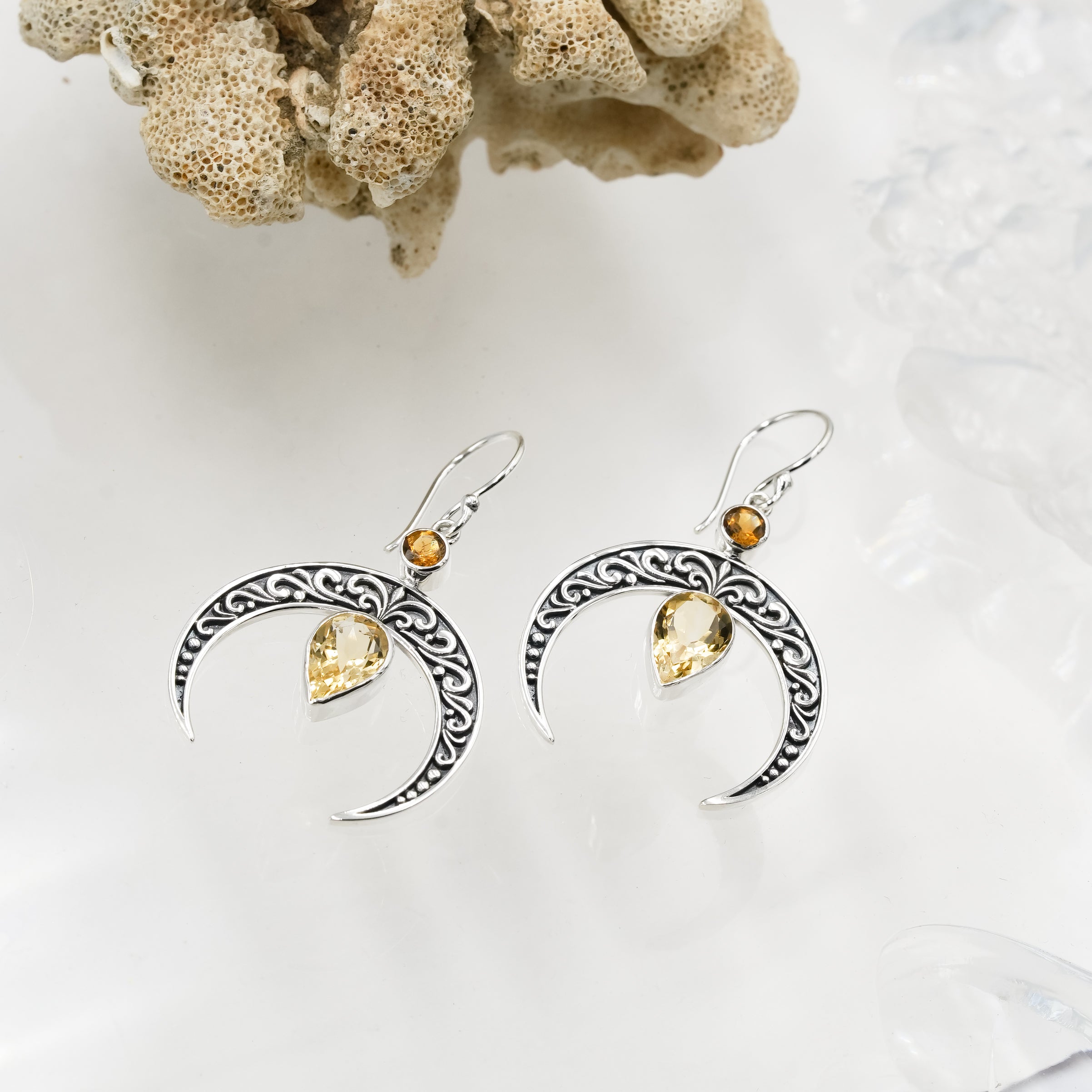 Starborn Crescent Moon Filigree with Pear Faceted Gemstone Dangle Earrings in Sterling Silver