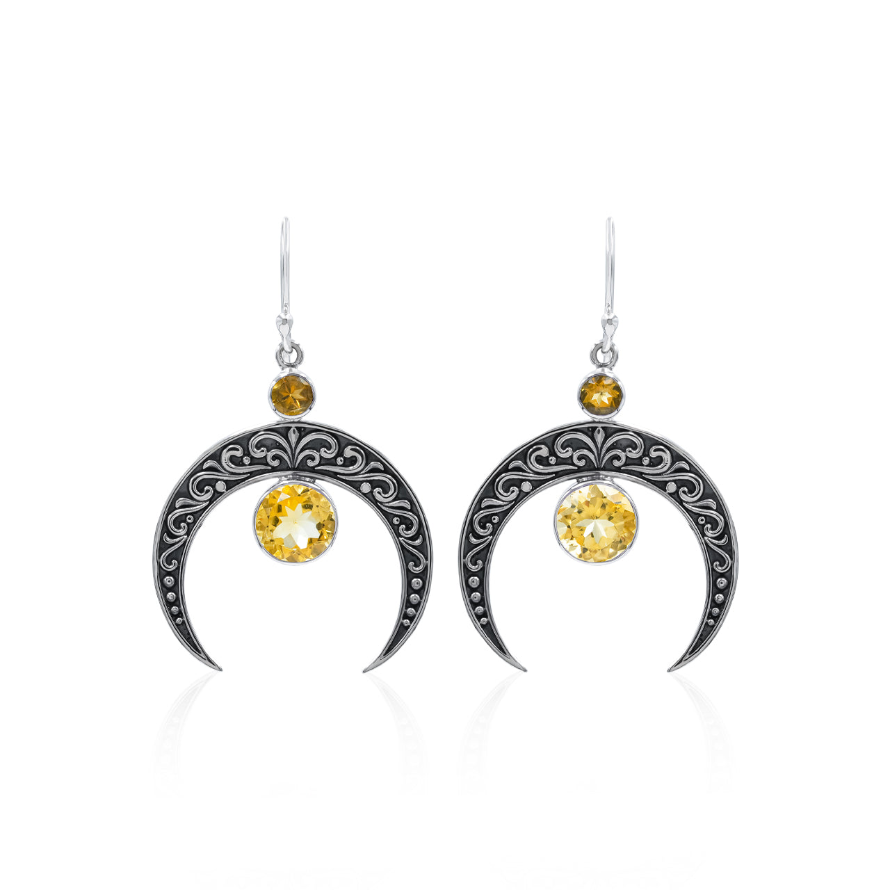 Starborn Crescent Moon Filigree with Round Faceted Gemstone Dangle Earrings in Sterling Silver