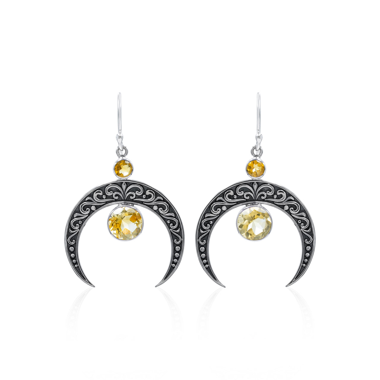 Starborn Crescent Moon Filigree with Round Faceted Gemstone Dangle Earrings in Sterling Silver