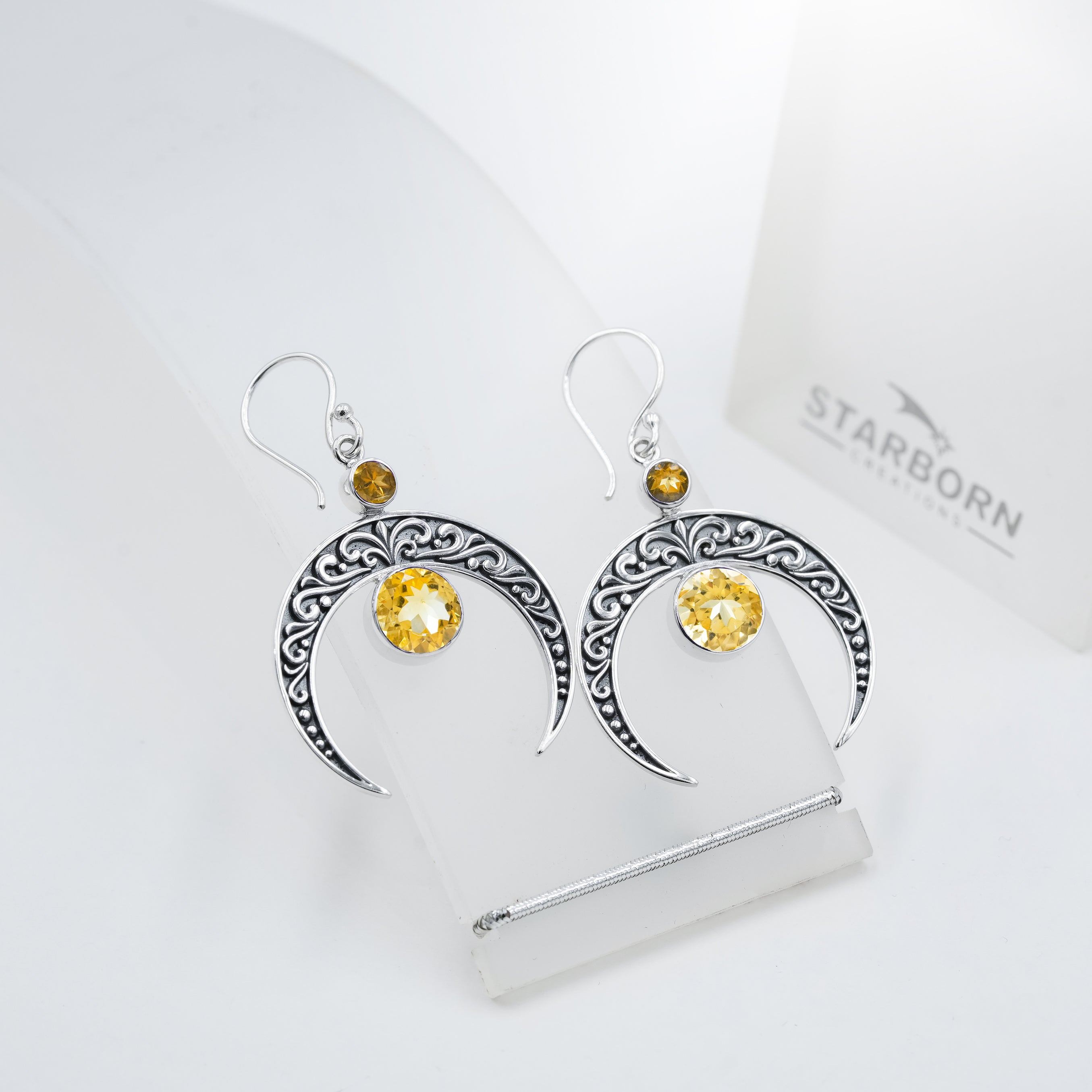 Starborn Crescent Moon Filigree with Round Faceted Gemstone Dangle Earrings in Sterling Silver