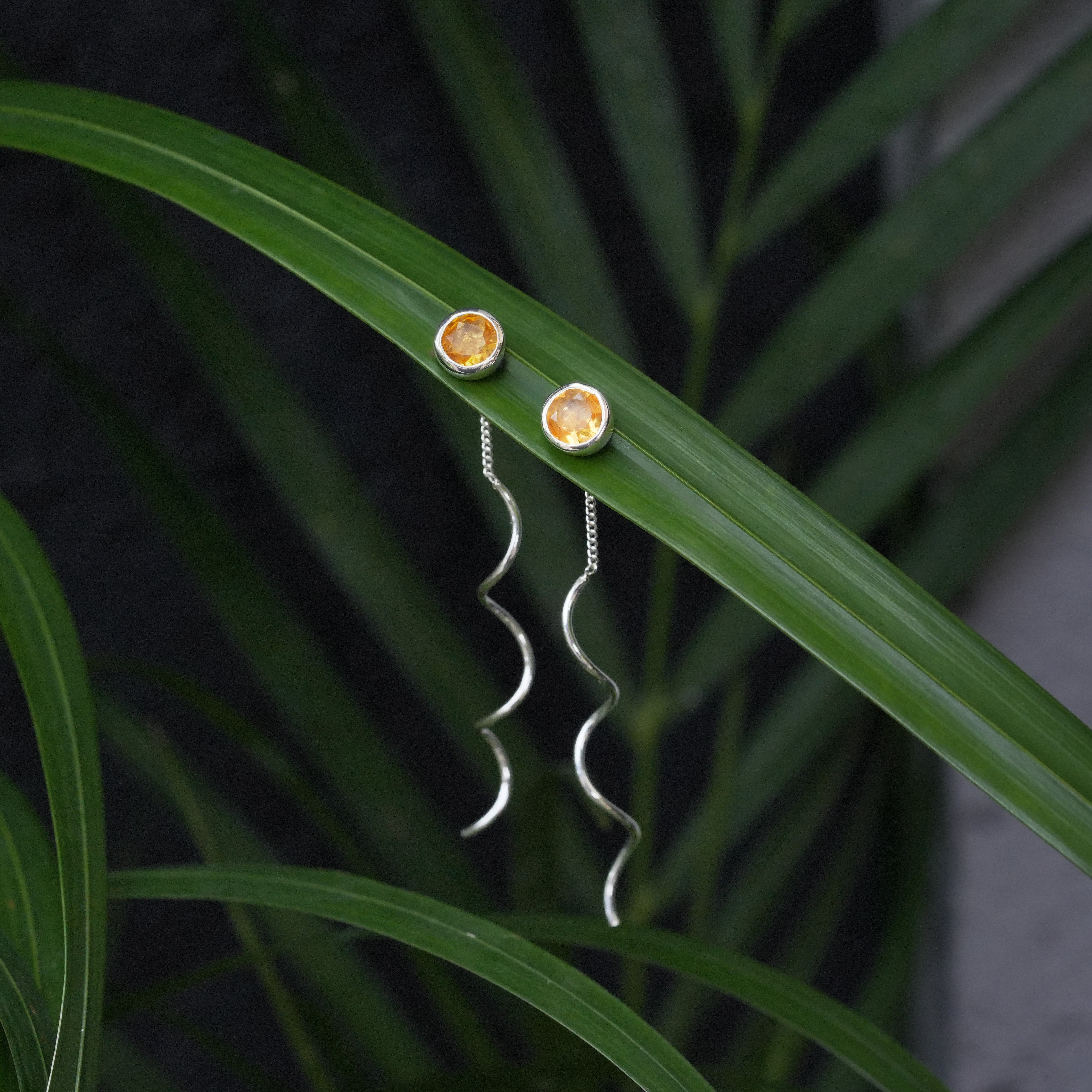 Starborn Faceted Citrine Stud Earrings with Flowing Curled Wire Drop in Sterling Silver