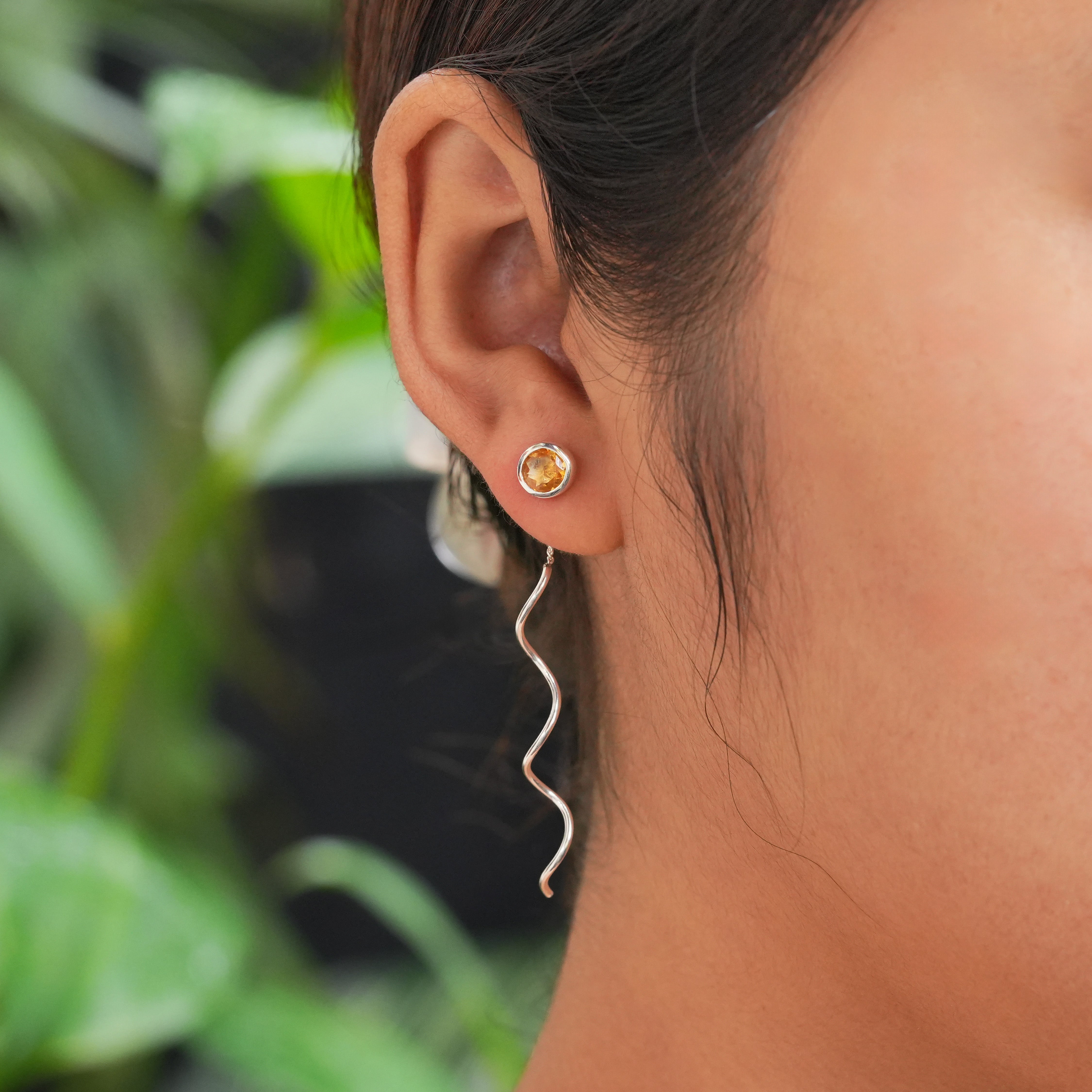 Starborn Faceted Citrine Stud Earrings with Flowing Curled Wire Drop in Sterling Silver