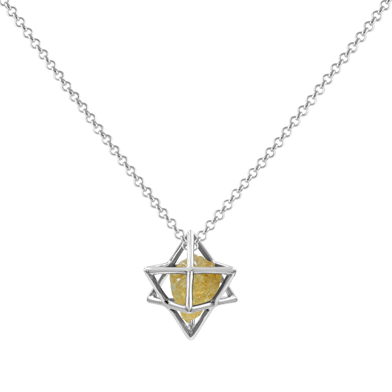 Starborn Natural Raw Gemstone in Merkabah Sterling Silver Cage Pendant and Chain