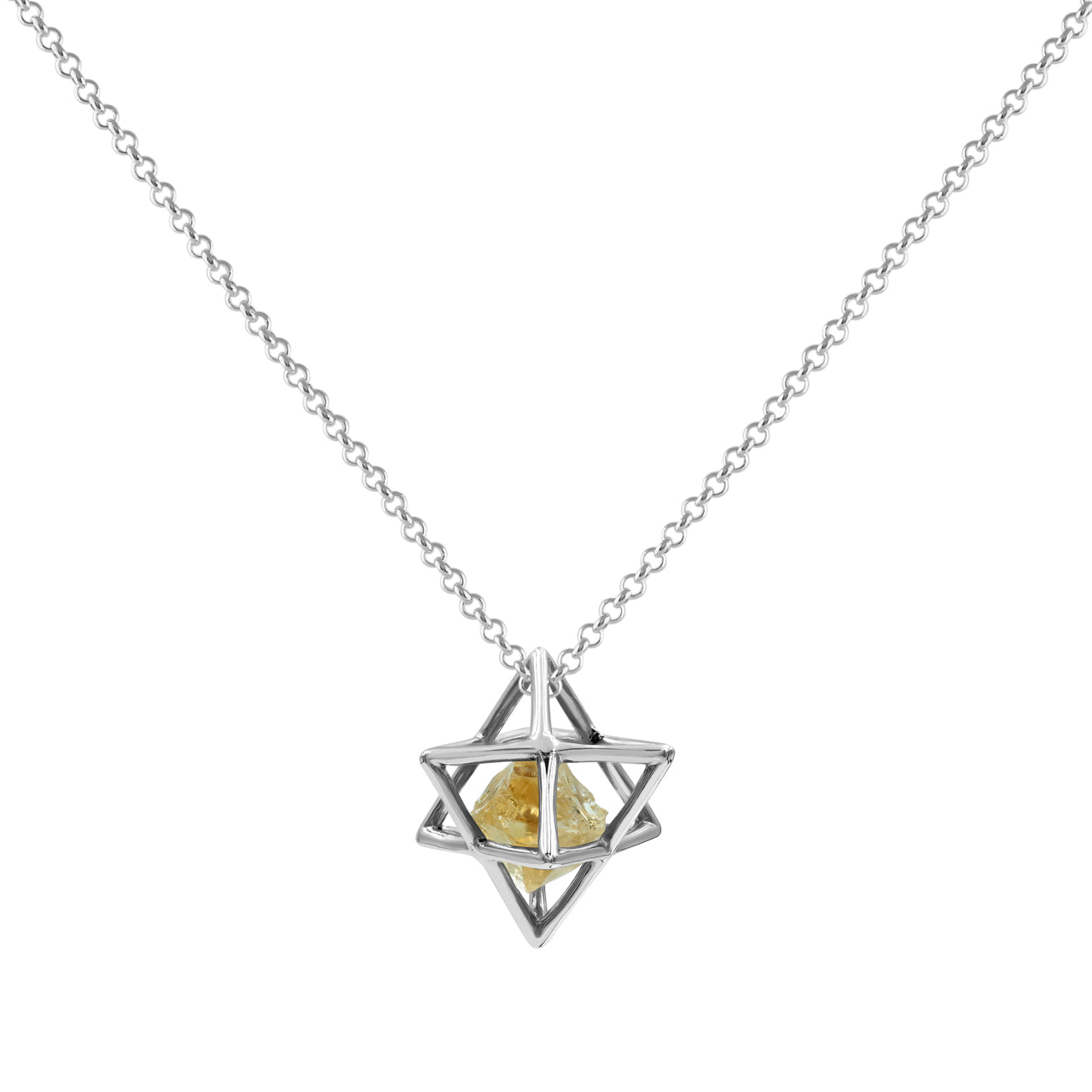 Starborn Natural Raw Citrine in Merkabah Sterling Silver Cage Pendant and Chain
