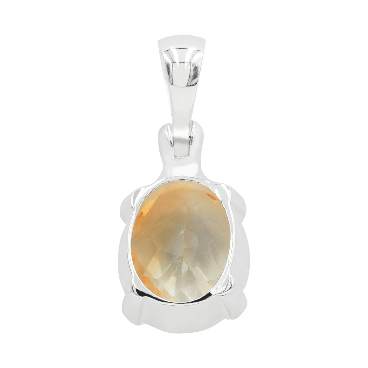 Back view of the oval faceted citrine pendant in sterling silver showing the rear of the prong setting and the open back behind the gemstone.