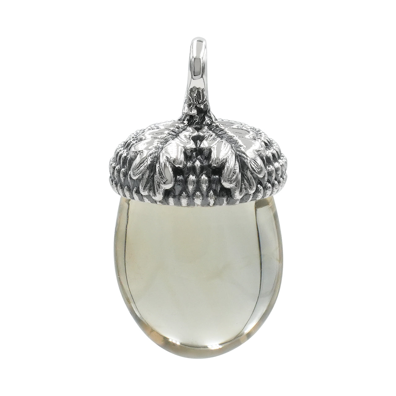 Second front‑facing image of a citrine acorn pendant in sterling silver, featuring a polished citrine acorn‑shaped stone capped with a textured sterling silver acorn top and a silver bail.