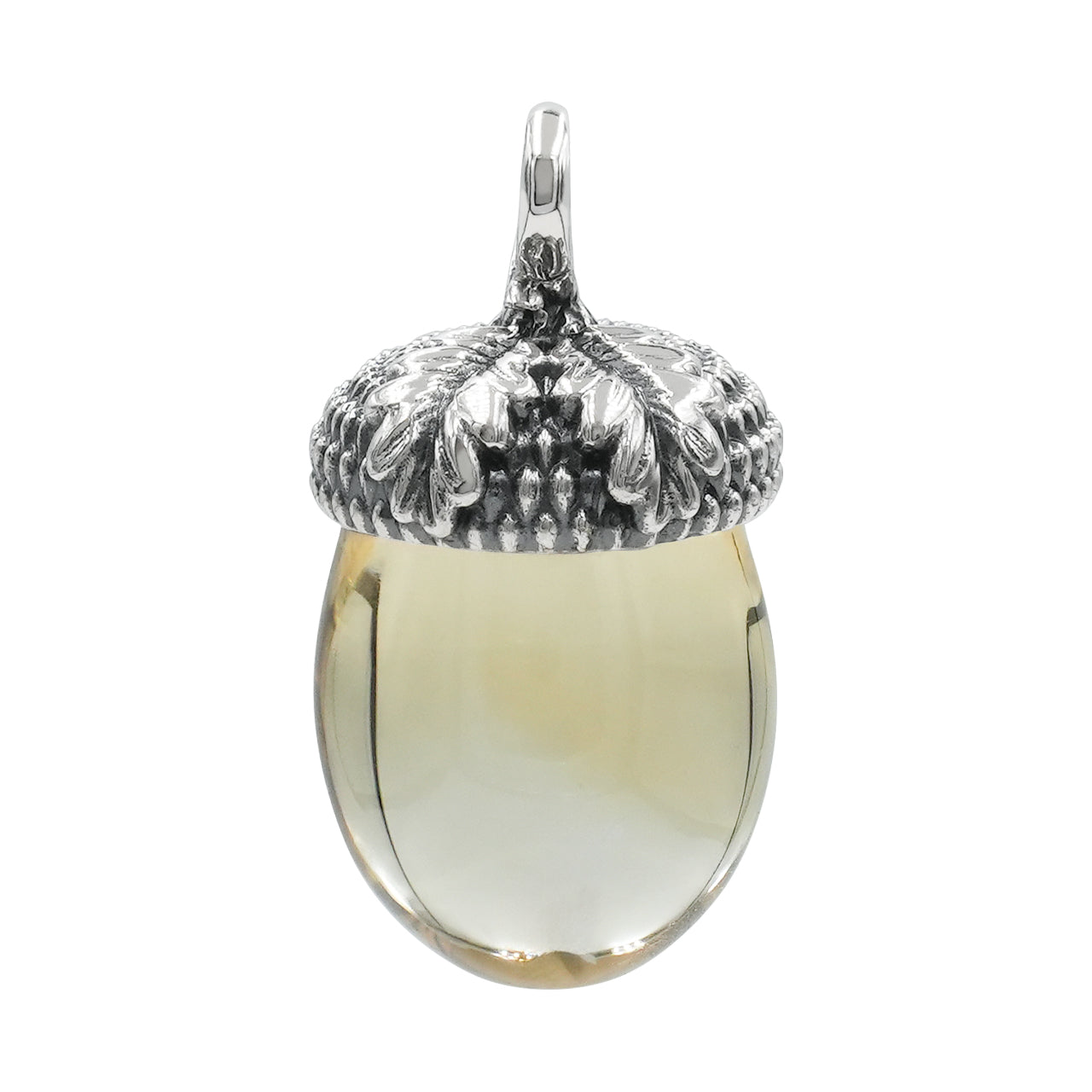 Front‑facing image of a citrine acorn pendant in sterling silver, featuring a polished citrine acorn‑shaped stone capped with a textured sterling silver acorn top and a silver bail.