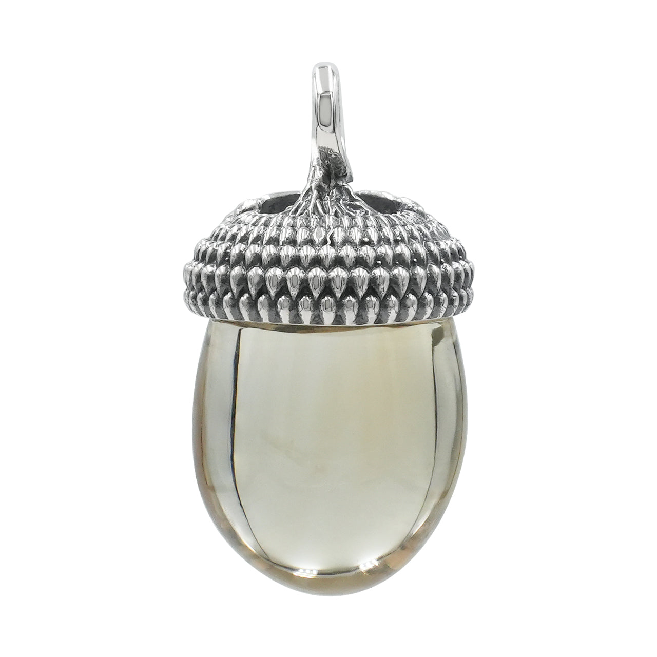 Back view of the citrine acorn pendant in sterling silver, showing the smooth back of the citrine acorn‑shaped stone and the textured sterling silver acorn cap with a silver bail attached at the top.