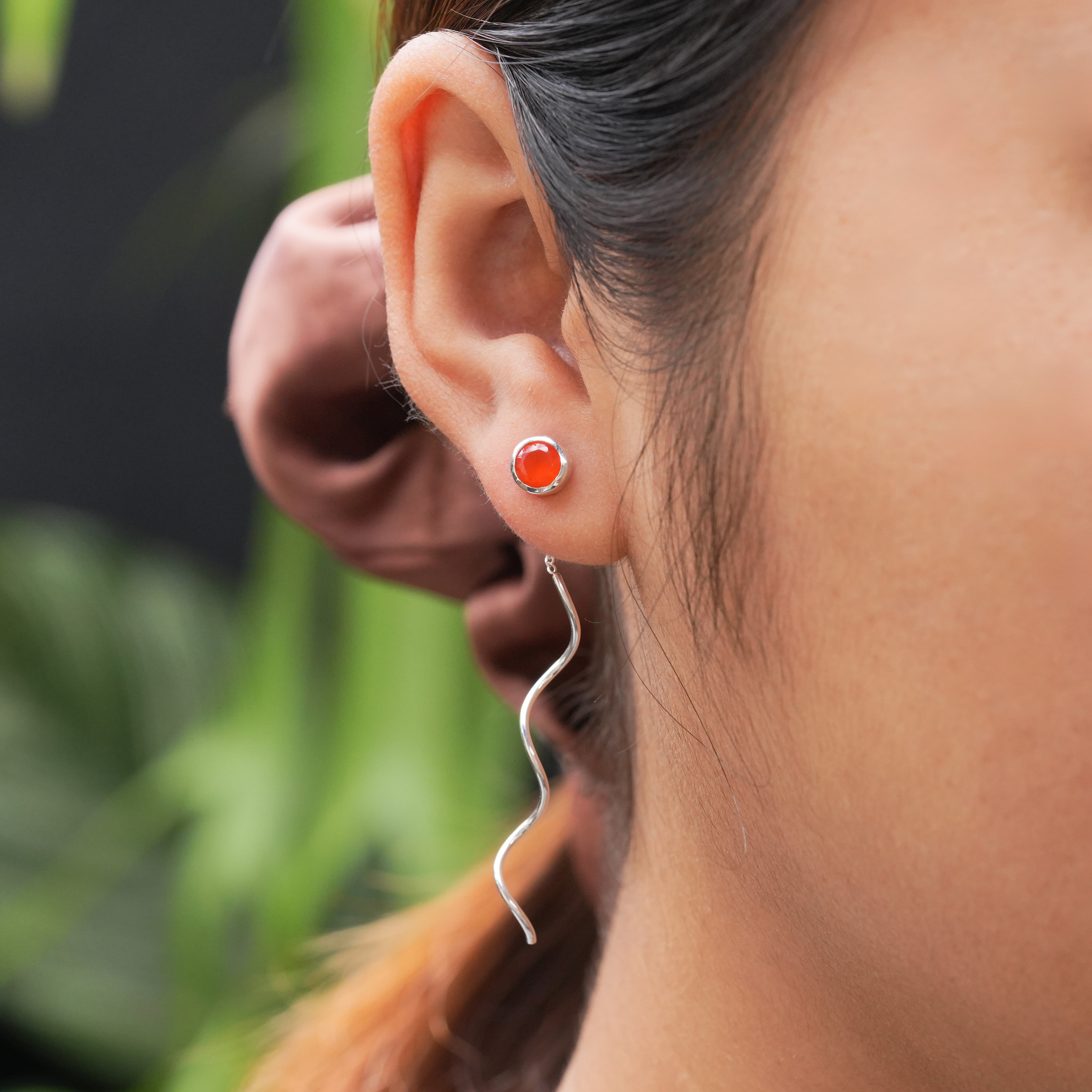Starborn Faceted Carnelian Stud Earrings with Flowing Curled Wire Drop in Sterling Silver