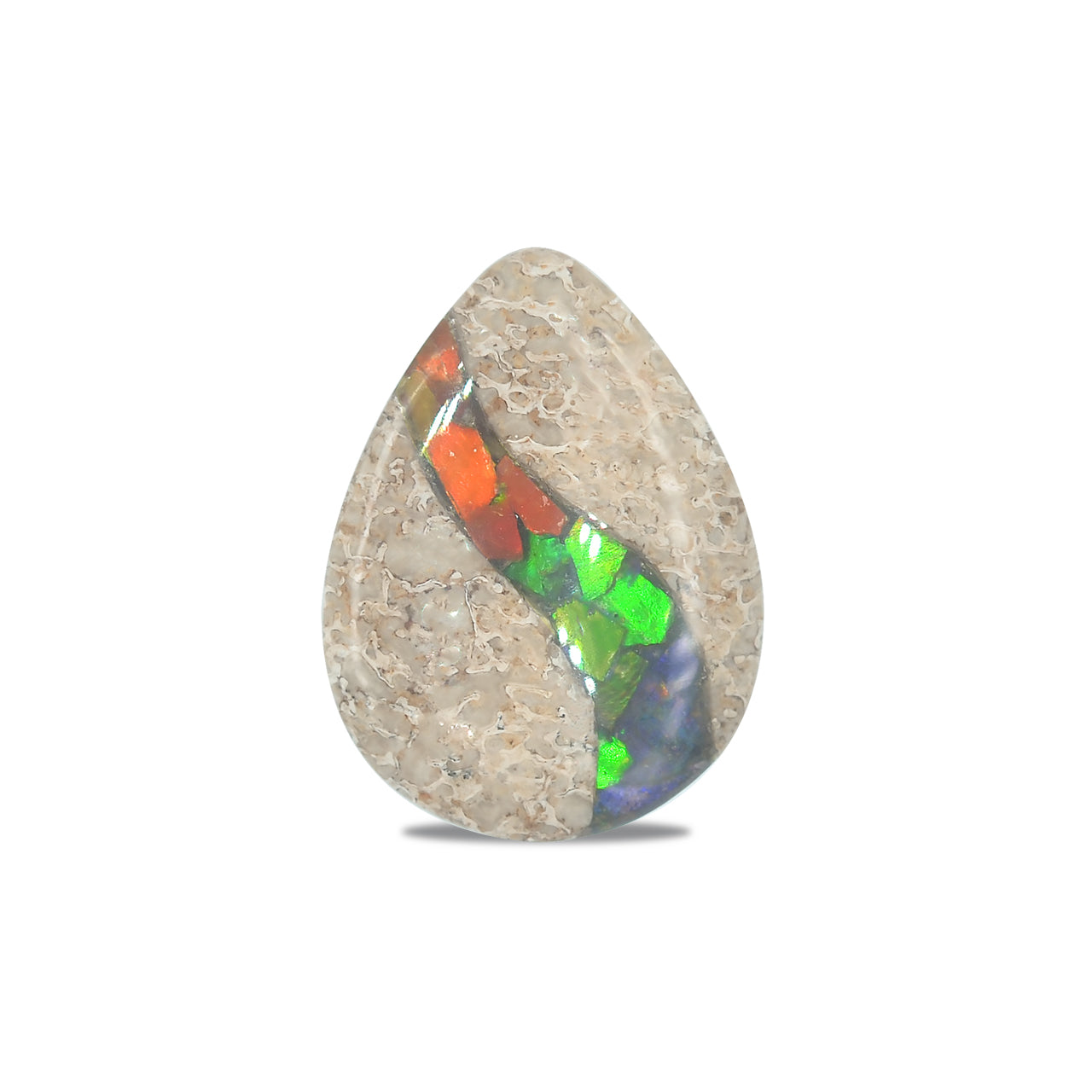 Hueso de dinosaurio fósil con pera cabujón con incrustaciones de ammolita - 1 pieza