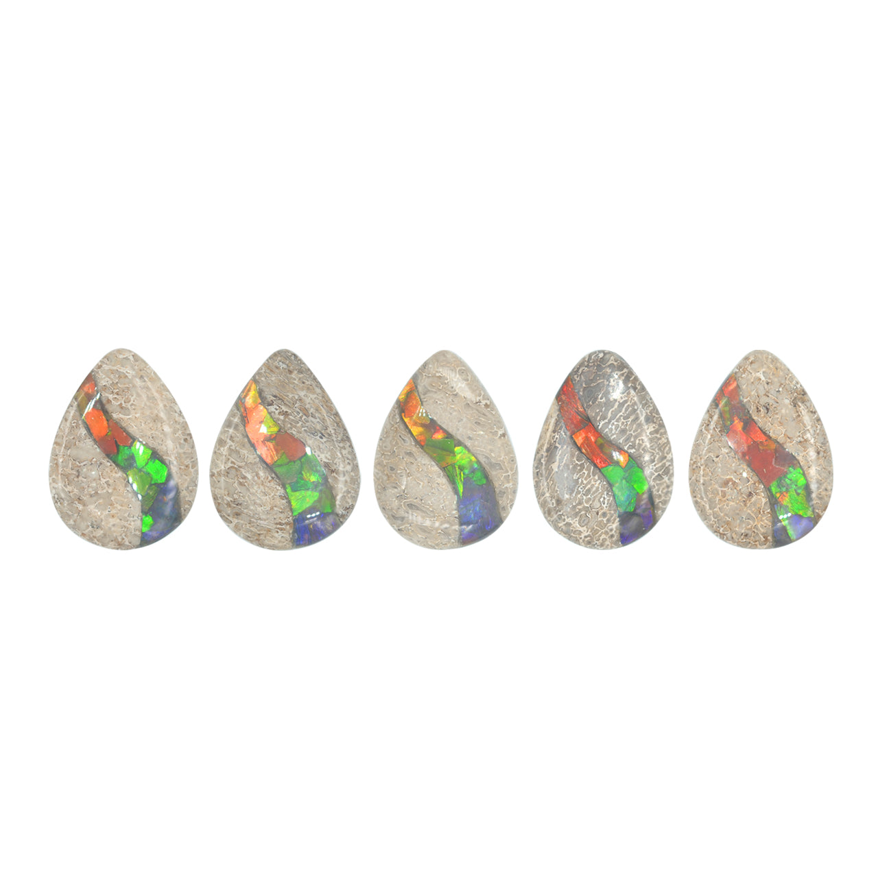 Hueso de dinosaurio fósil con pera cabujón con incrustaciones de ammolita - 1 pieza