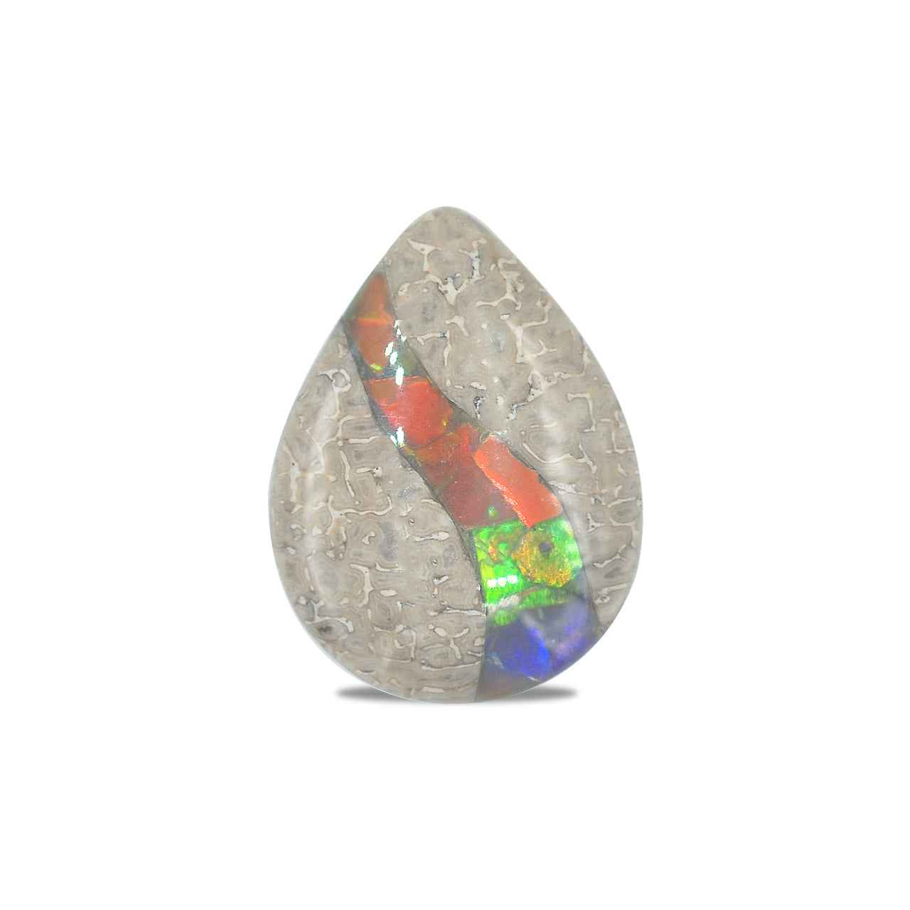 Hueso de dinosaurio fósil con pera cabujón con incrustaciones de ammolita - 1 pieza