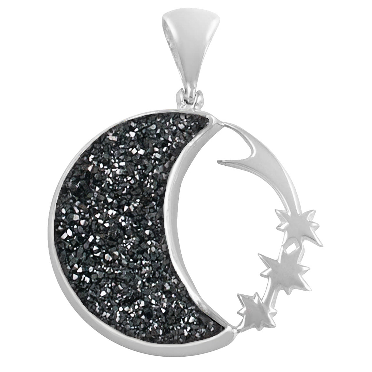 Starborn Quartz Drusy Crescent Moon Pendant with Starborn Logo in Sterling Silver