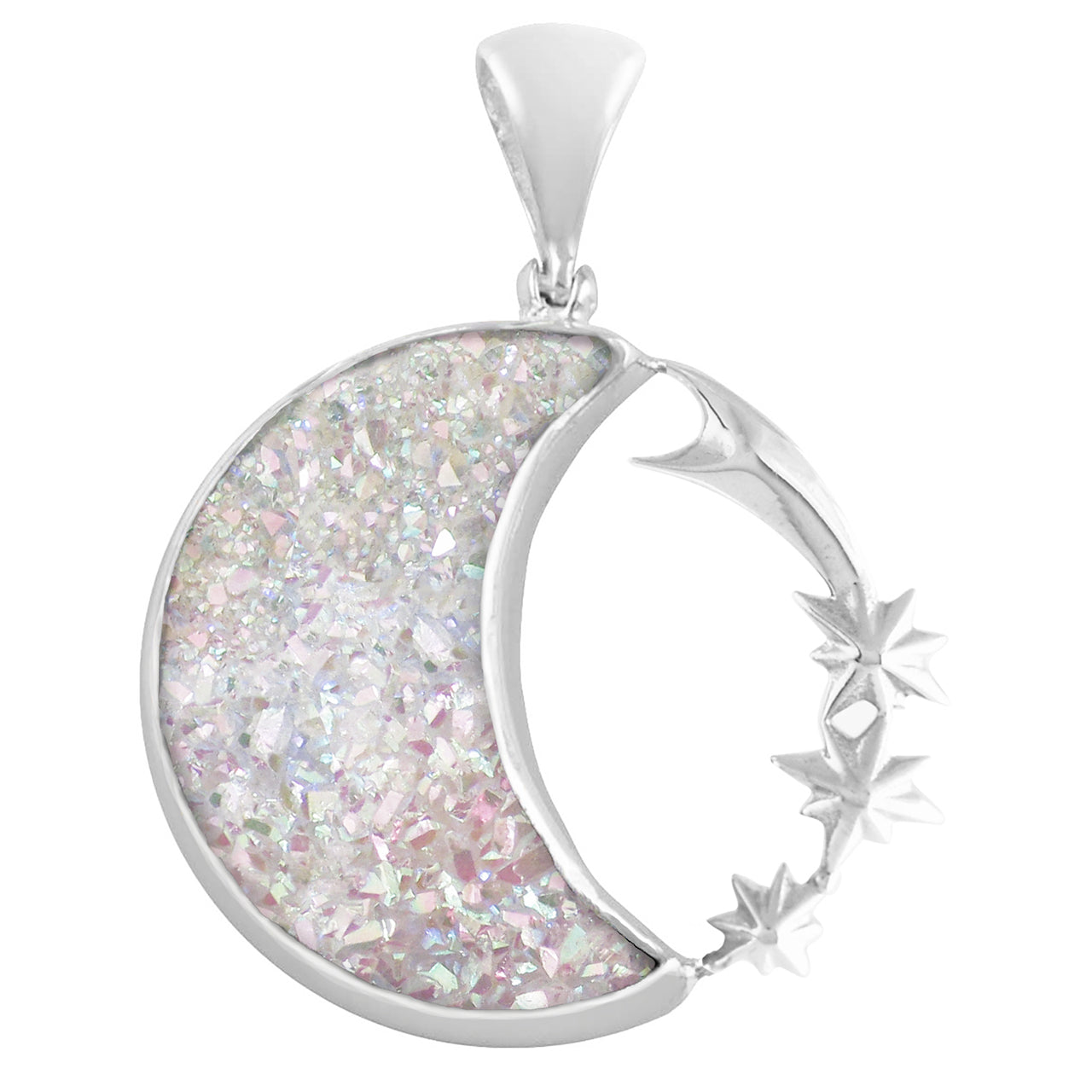 Starborn Quartz Drusy Crescent Moon Pendant with Starborn Logo in Sterling Silver
