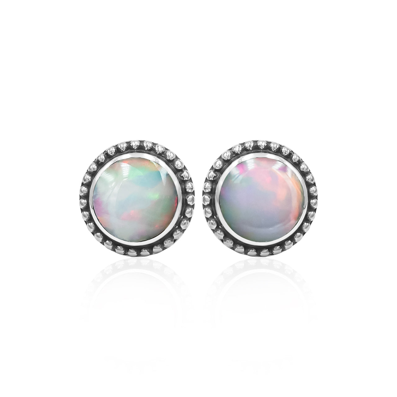 Starborn Ethiopian Opal 8mm Post Style Earrings with Balinese Silverwork in Sterling Silver
