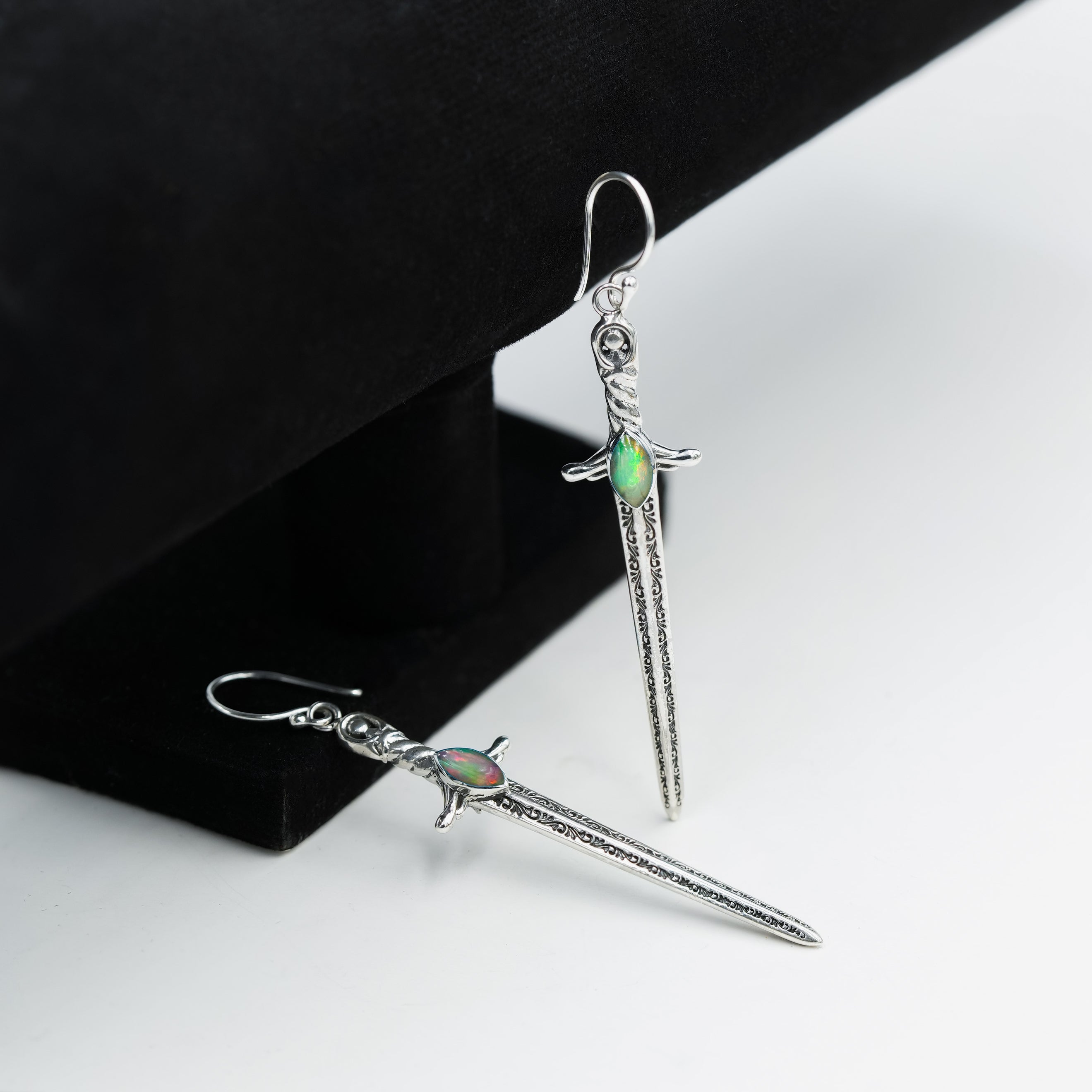 Starborn Ethiopian Opal Sword Earrings in Sterling Silver
