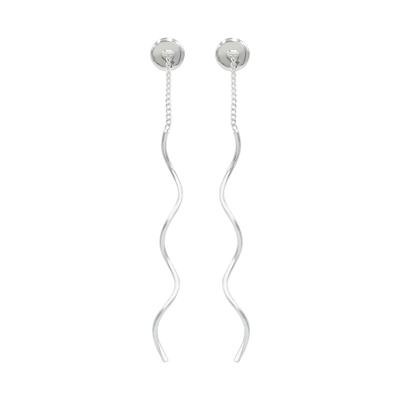Back view of round natural Ethiopian opal stud earrings with flowing curled wire drops showing the back of the setting