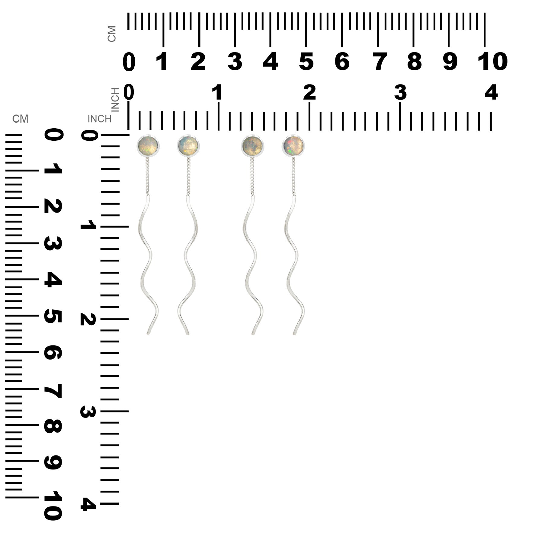 Two pair of Ethiopian Opal  stud earrings with flowing curled wire drops displayed next to measurement chart showing height and width in inches and centimeters. 