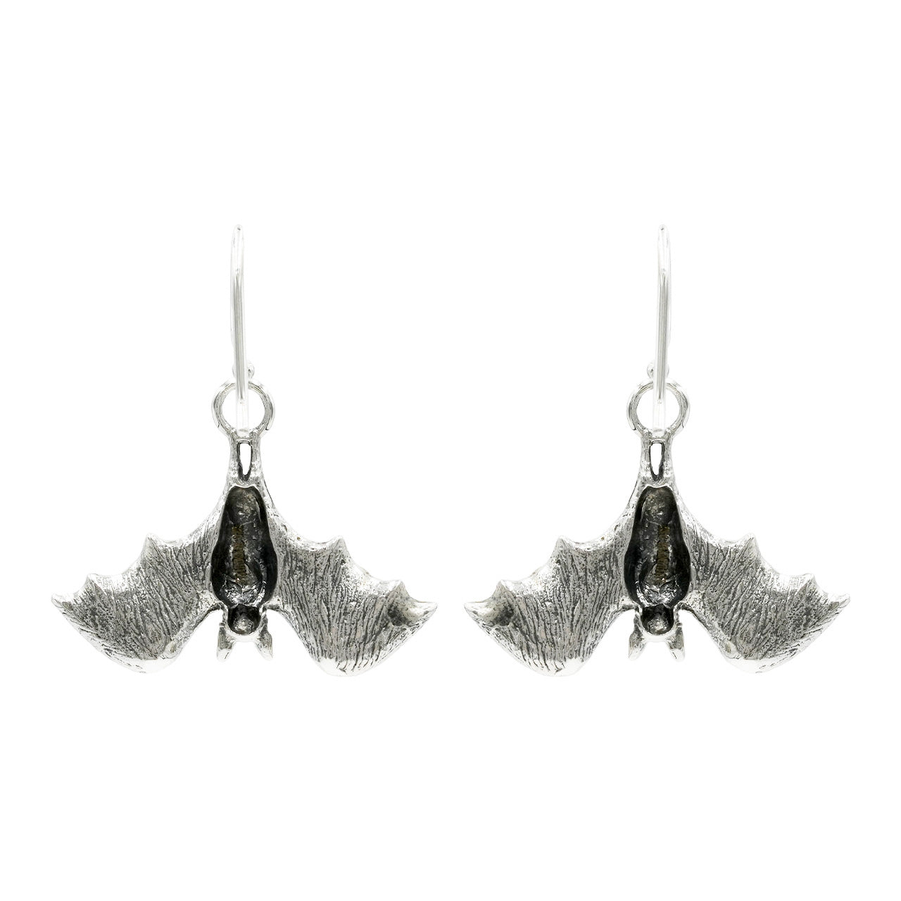 Back view of a hanging bat dangle earrings showing the back of the sterling silver setting.