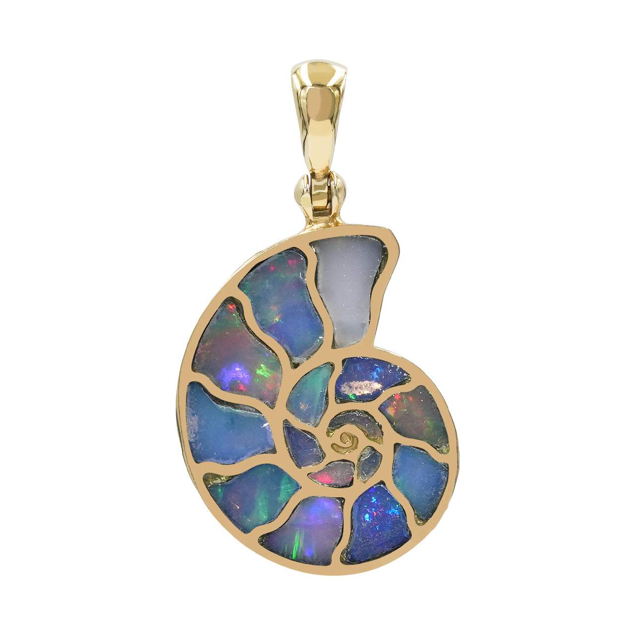 Alternate front view of a nautilus ammonite pendant with Ethiopian opal inlay showing natural play‑of‑color, set in Nordic gold