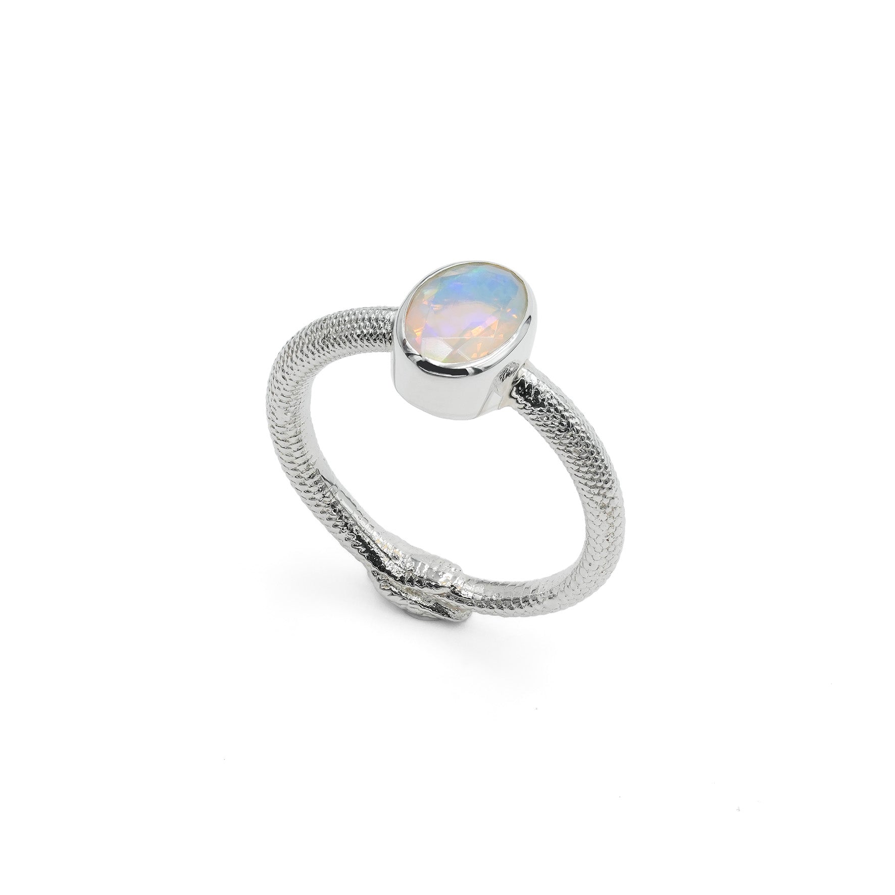 Starborn Ouroboros Ring with Faceted Natural Ethiopian Opal in Sterling Silver