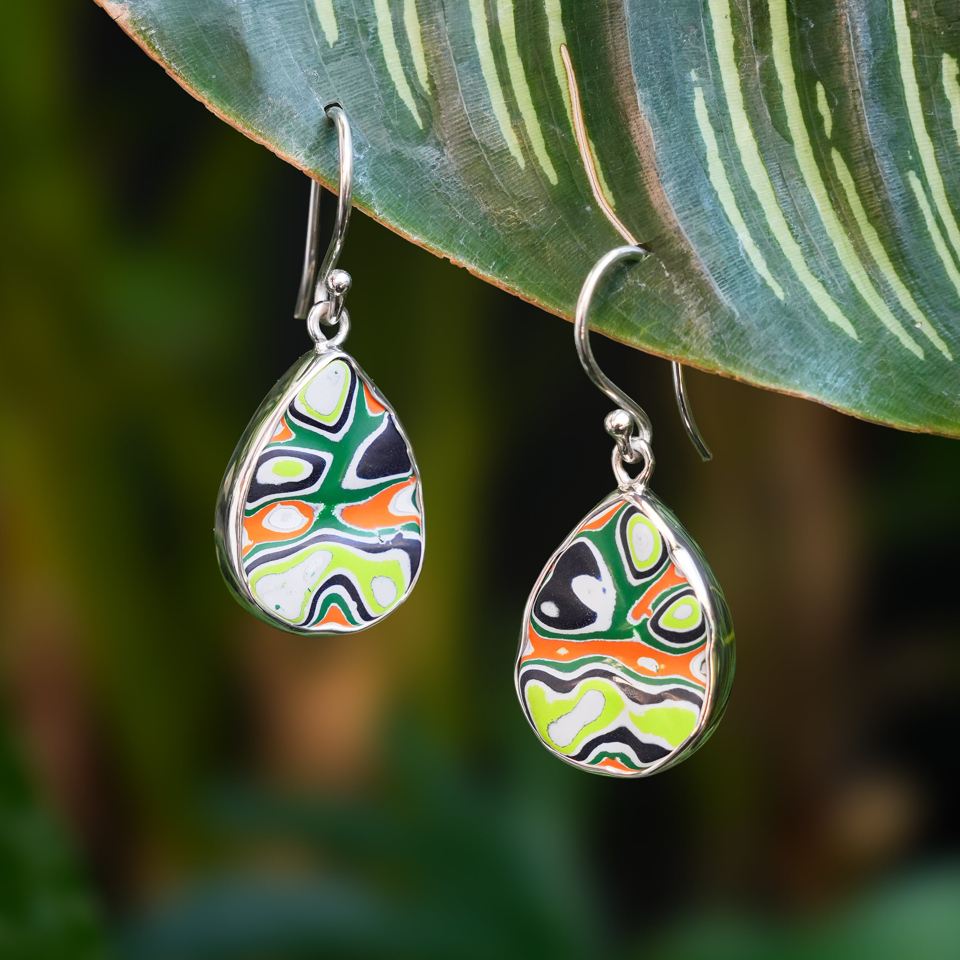 Starborn Green Fordite Round Pear Earrings in Sterling Silver