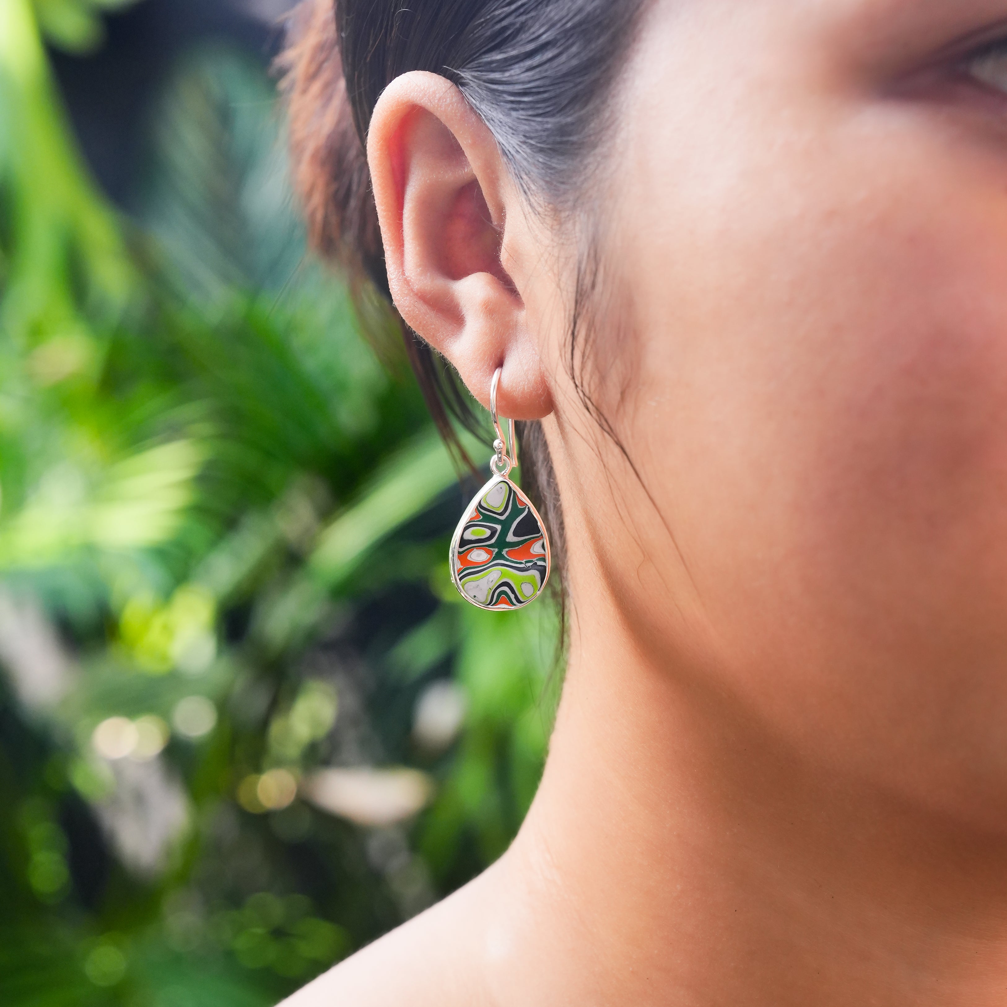 Starborn Green Fordite Round Pear Earrings in Sterling Silver