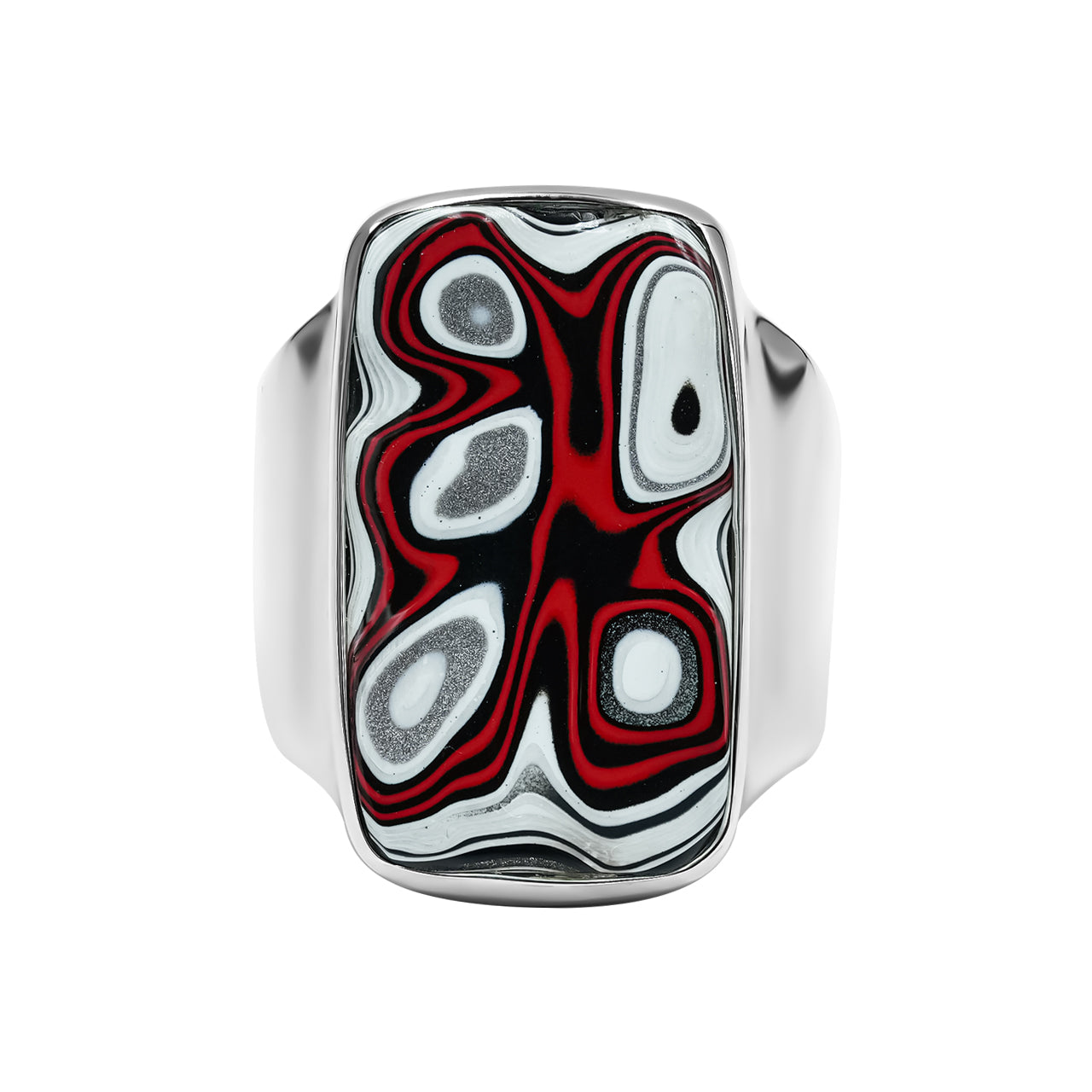 Alternate front view of a fordite rectangle ring showing bold layered banding in red, black, white and silver 