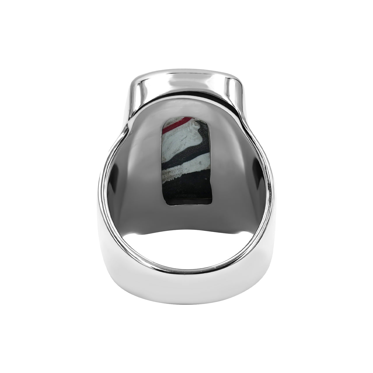 Back view of the fordite ring showing the smooth band and underside of the setting
