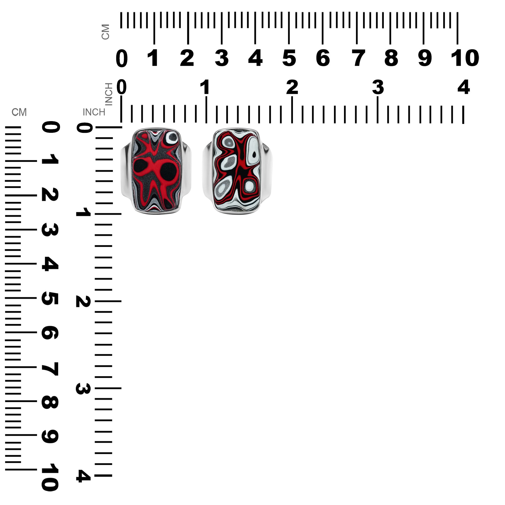 Pair of Fordite rectangle rings displayed next to measurement chart showing height and width in inches and centimeters. 
