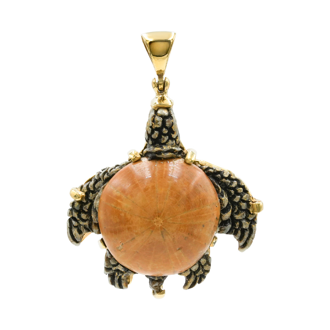 Starborn Fossil Sea Urchin Tutrle Carving Pendant in Nordic Gold