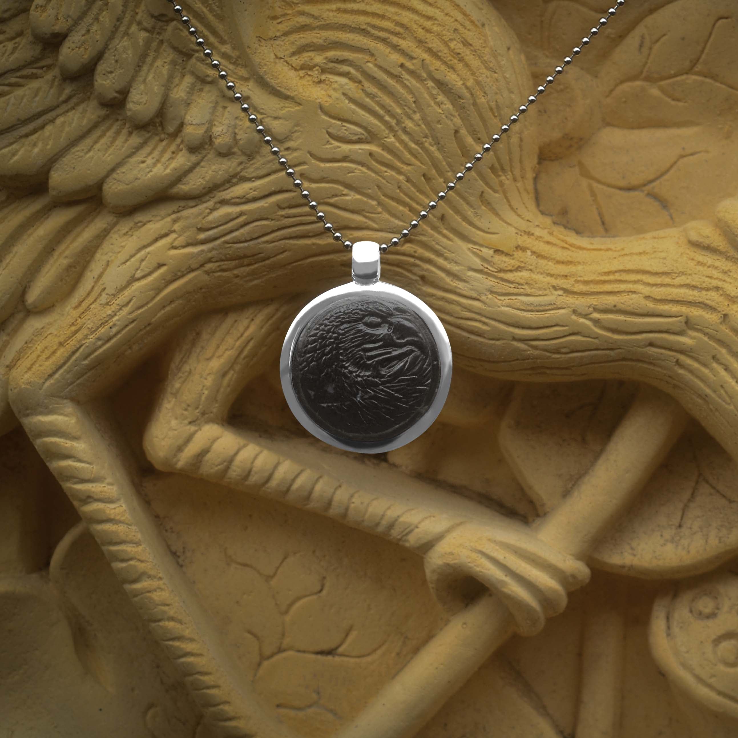 Starborn Fossil Wood Carved Eagle Head Medallion Style Pendant in Sterling Silver