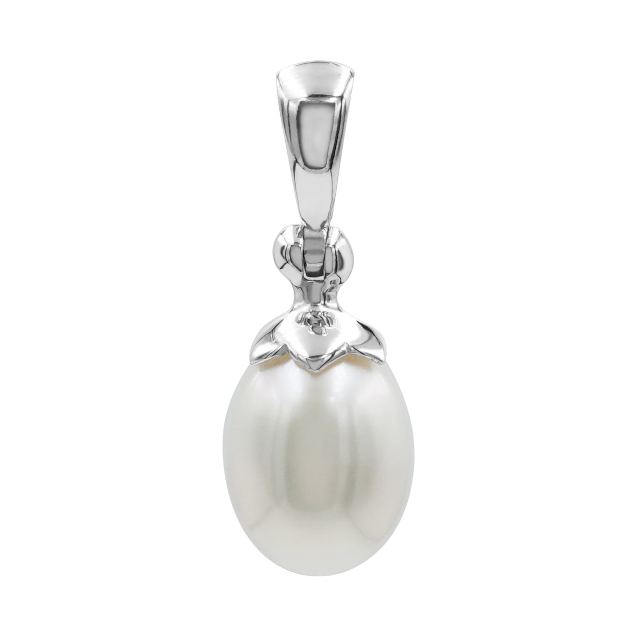 Alternate front view of a freshwater pearl pendant with a sterling silver floral cap, showing the smooth oval pearl. 