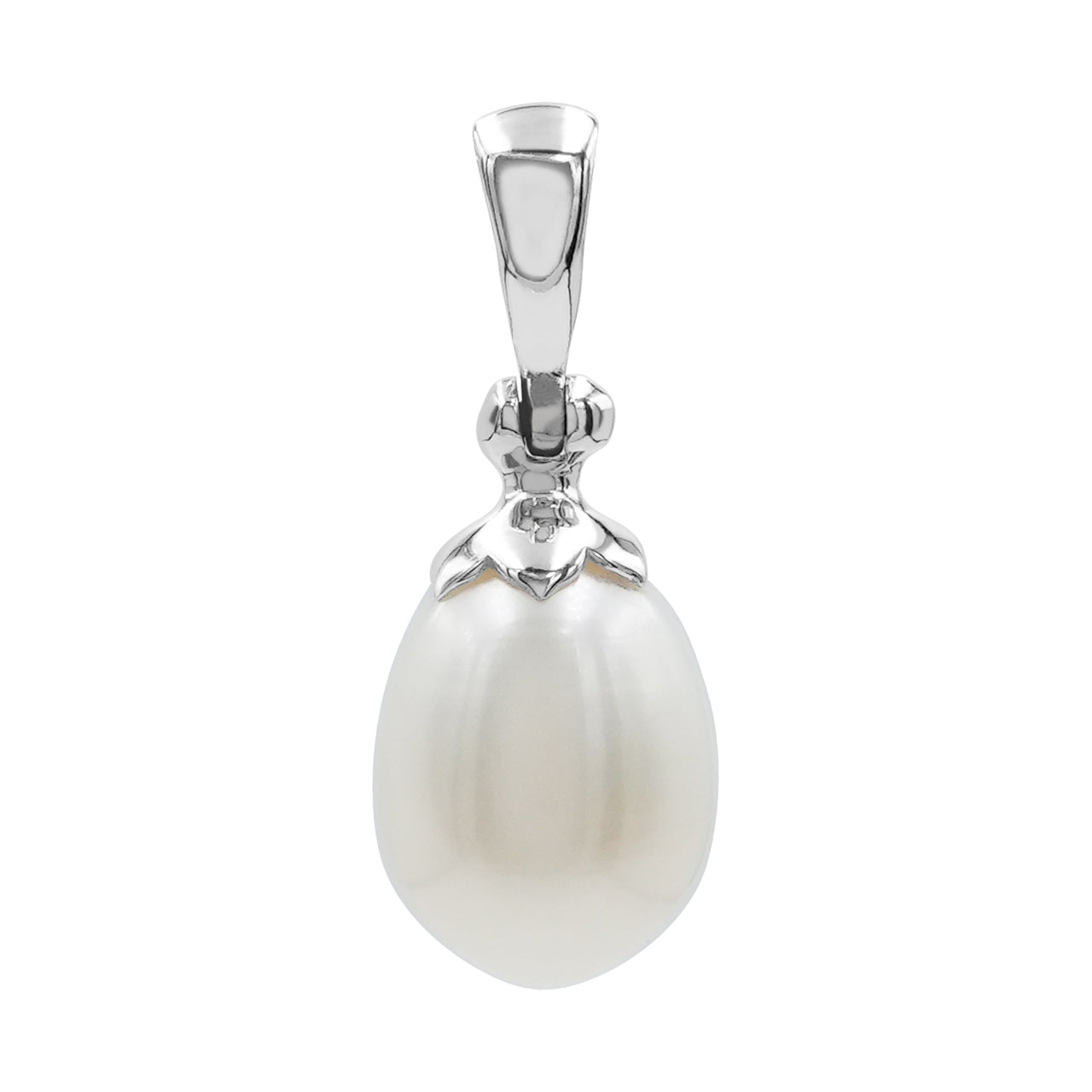 Second alternate front view of a freshwater pearl pendant with a sterling silver floral cap, showing the smooth oval pearl. 