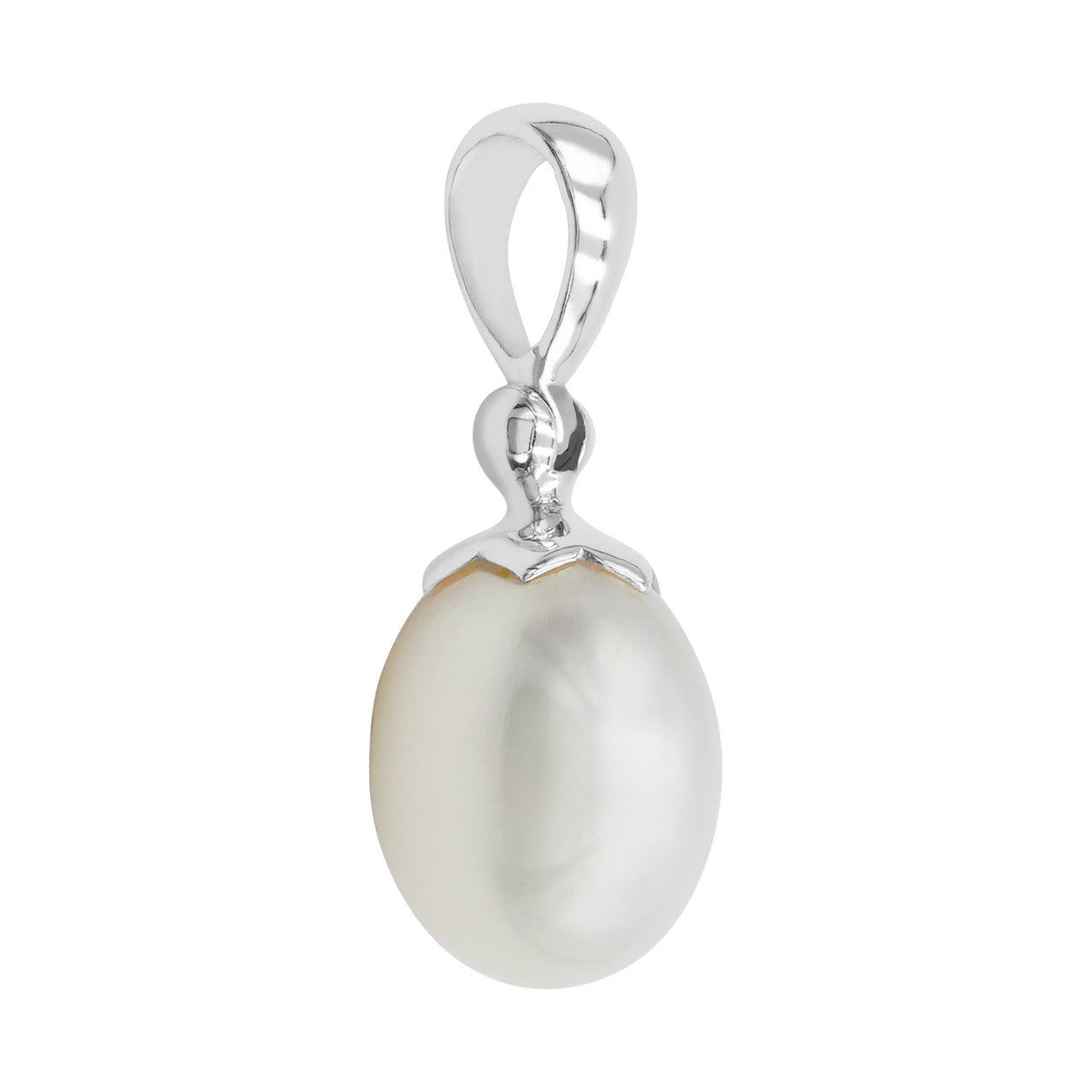 Angled view of a freshwater pearl pendant with a sterling silver floral cap, showing the smooth oval pearl and the bail.