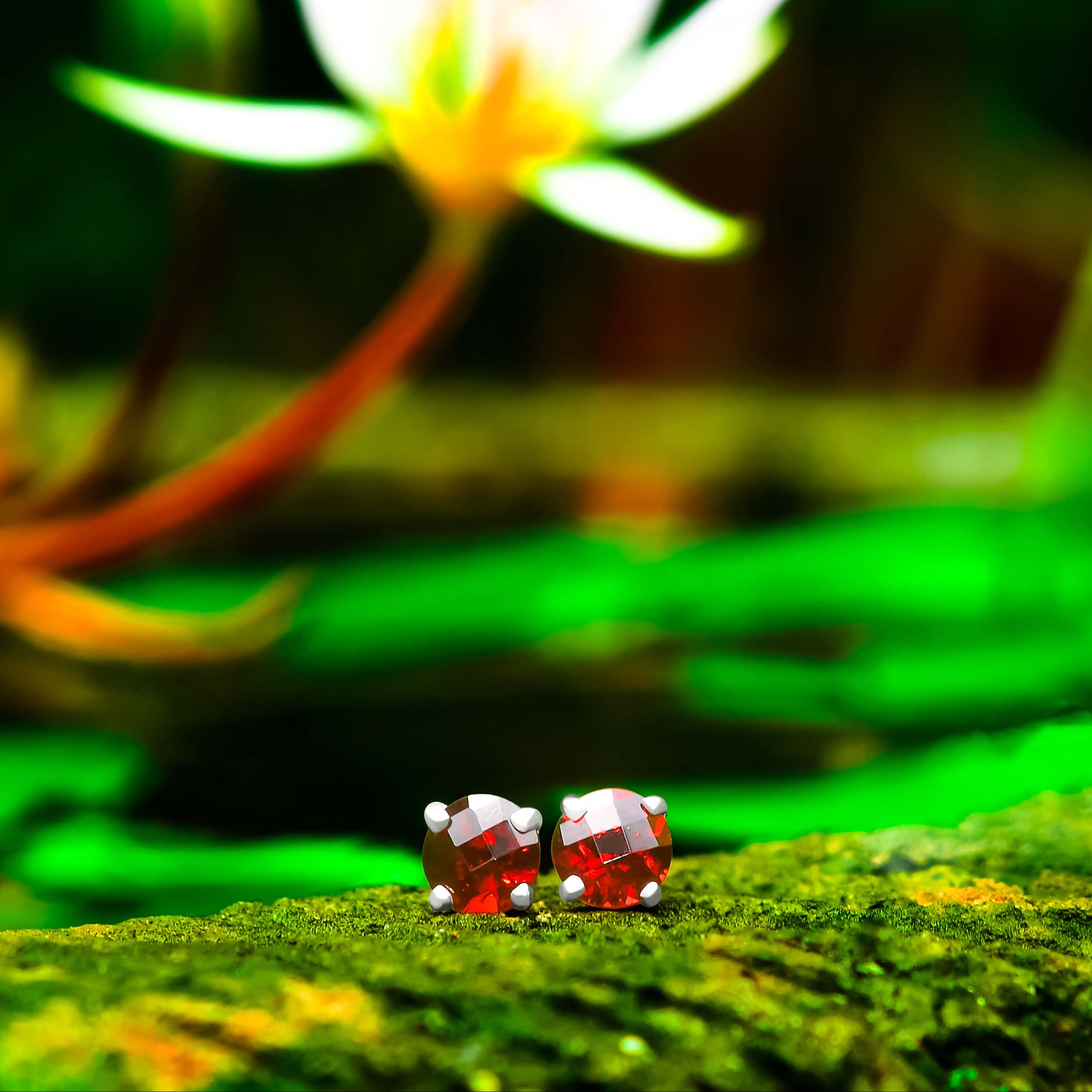 Alternate front view of garnet faceted round post earrings set in sterling silver prong settings. 